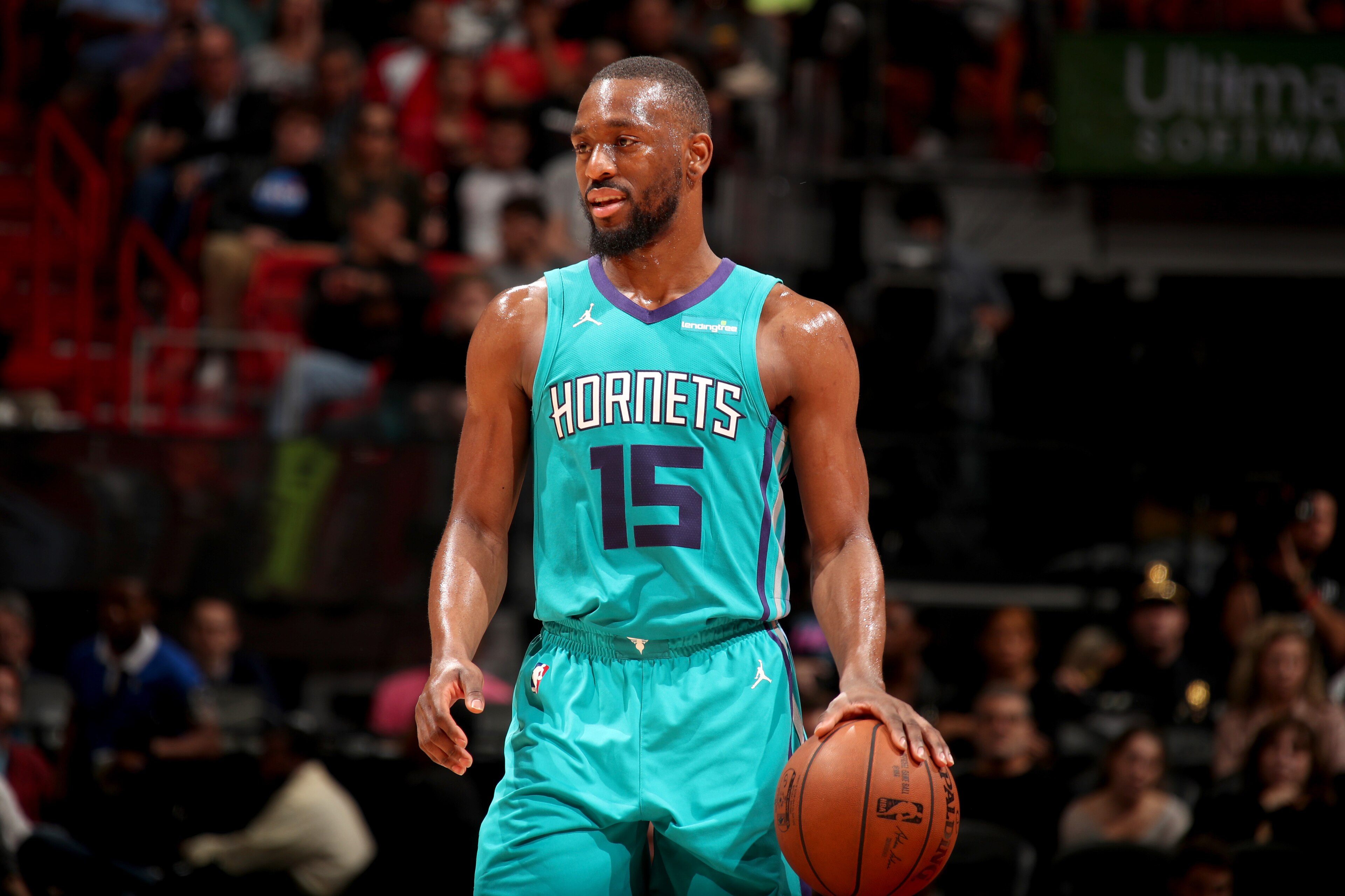 MIAMI, FL - JANUARY 27:  Kemba Walker #15 of the Charlotte Hornets handles the ball against the Miami Heat on January 27, 2018 at American Airlines Arena in Miami, Florida. NOTE TO USER: User expressly acknowledges and agrees that, by downloading and or u