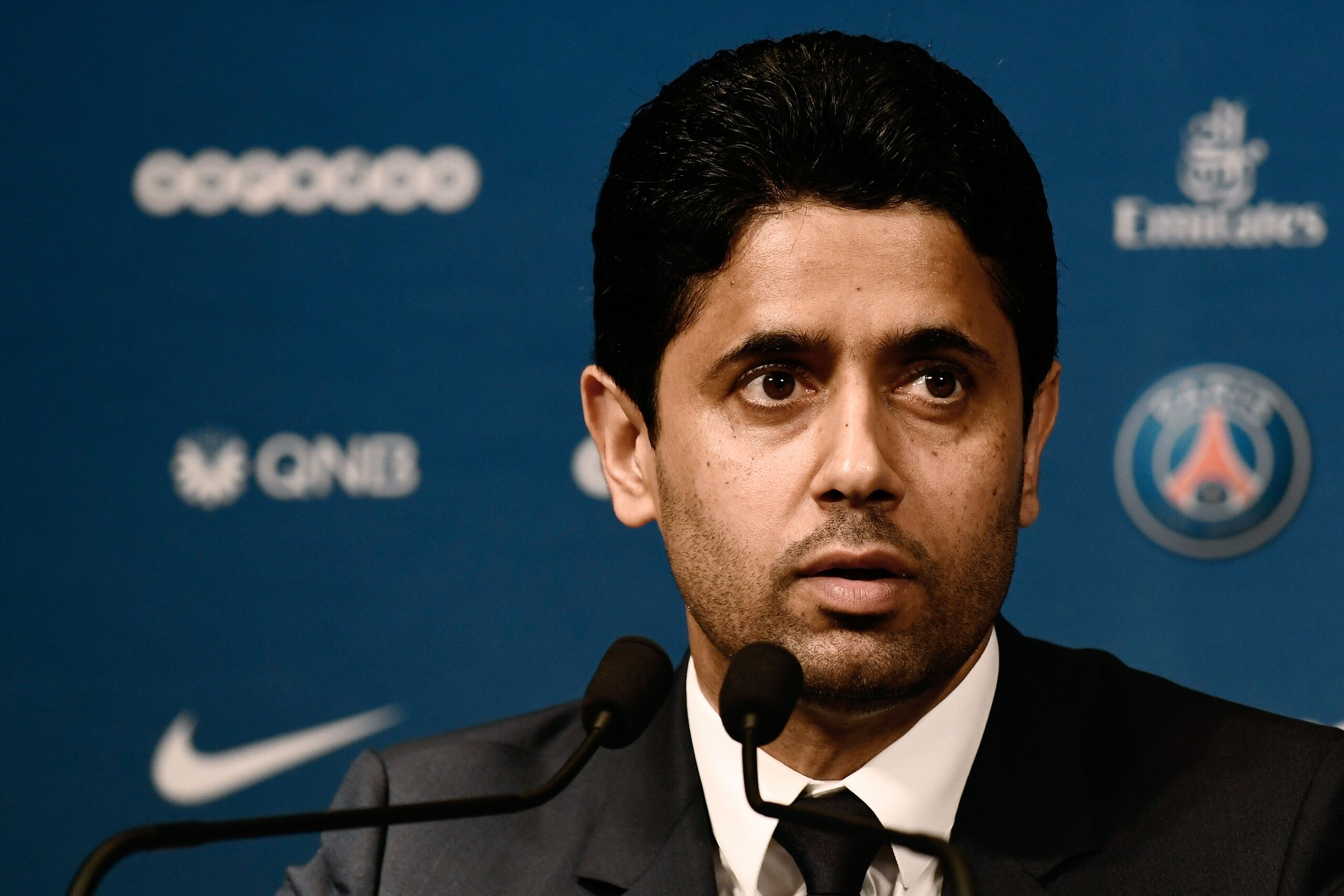 French Ligue 1 football club Paris Saint-Germain's president Nasser Al-Khelaifi speaks during a press conference to officially present the club's new coach on May 20, 2018 at the Parc des Princes stadium in Paris. (Photo by Philippe LOPEZ / AFP)        (P