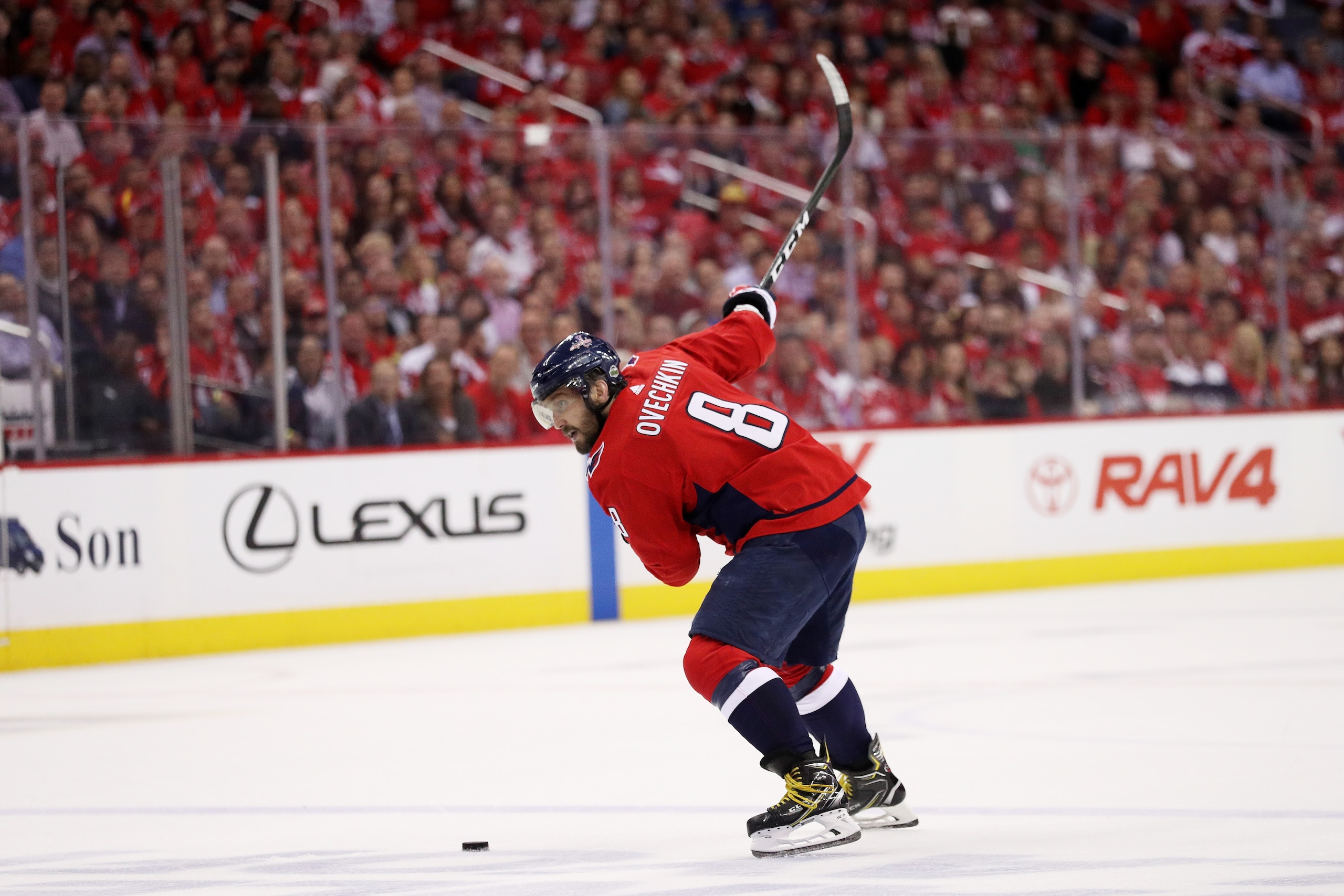 WASHINGTON, DC - MAY 21:  Alex Ovechkin #8 of the Washington Capitals skates against the Tampa Bay Lightning in Game Six of the Eastern Conference Finals during the 2018 NHL Stanley Cup Playoffs at Capital One Arena on May 21, 2018 in Washington, DC.  (Ph