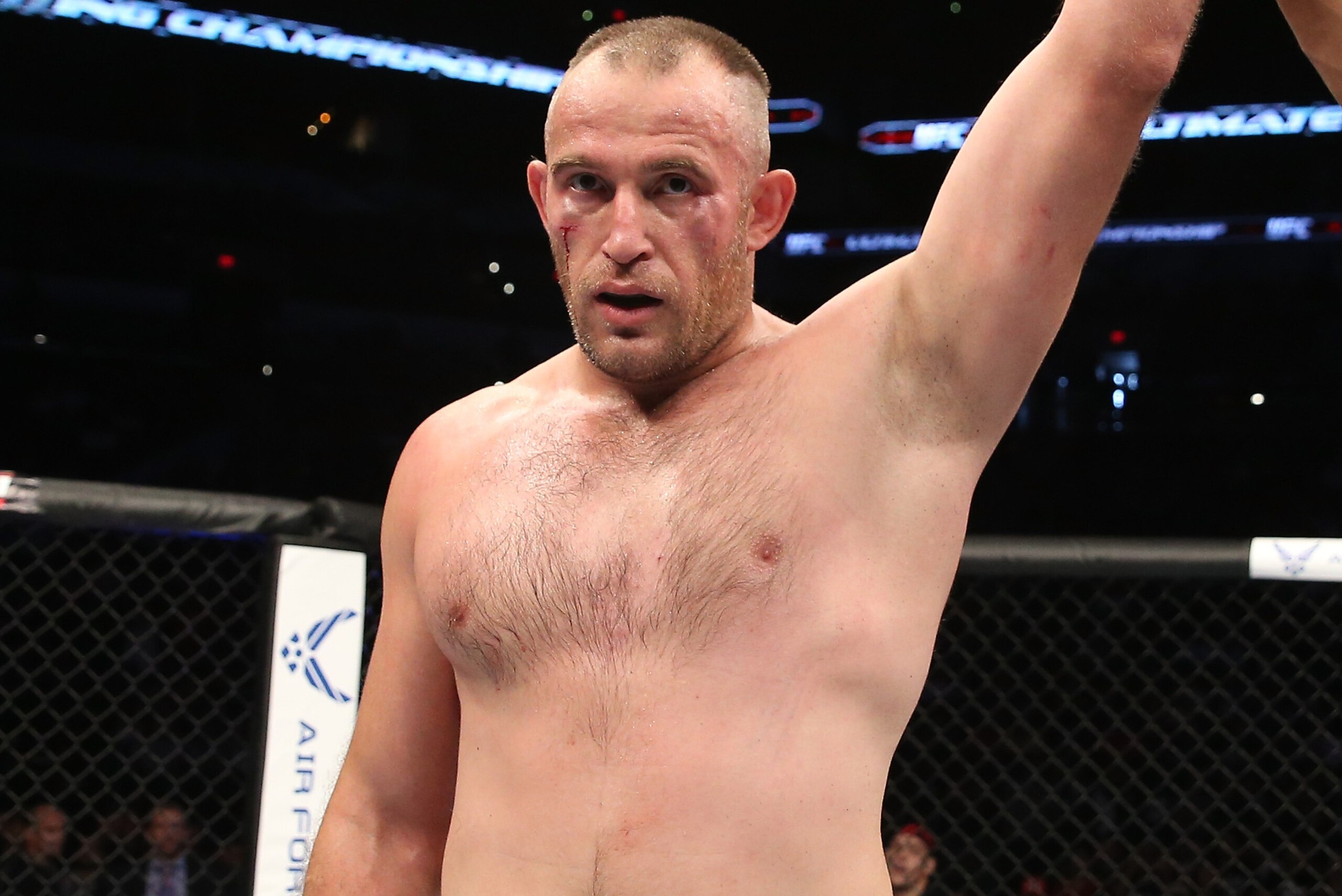 SAN ANTONIO, TX - JUNE 28:  Oleksiy Oliynyk reacts to his victory over Anthony Hamilton in their heavyweight bout at the AT&T Center on June 28, 2014 in San Antonio, Texas. (Photo by Ed Mulholland/Zuffa LLC/Zuffa LLC via Getty Images)