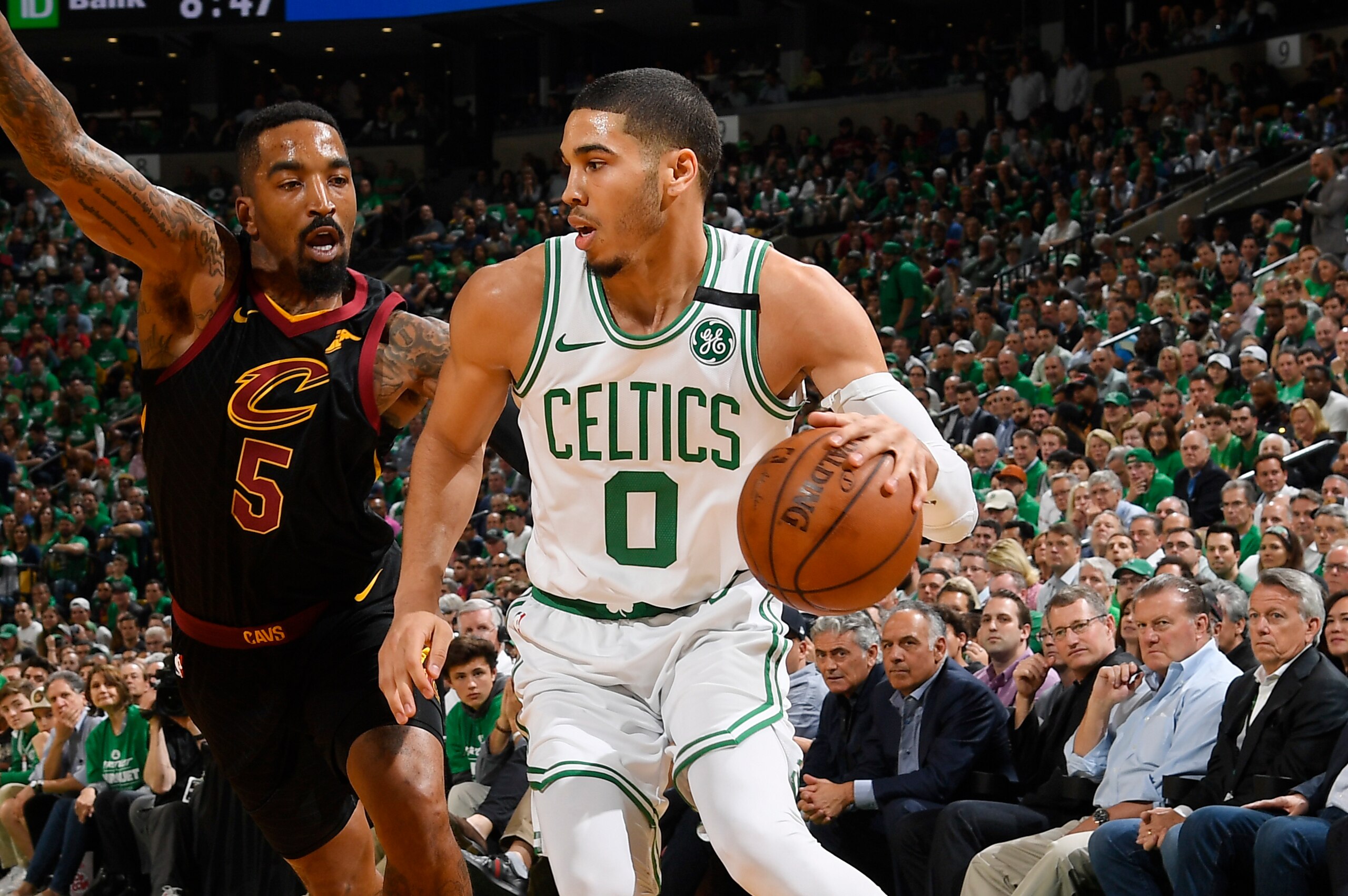 BOSTON, MA - MAY 23:  Jayson Tatum #0 of the Boston Celtics handles the ball against the Cleveland Cavaliers during Game Five of the Eastern Conference Finals of the 2018 NBA Playoffs on May 23, 2018 at the TD Garden in Boston, Massachusetts.  NOTE TO USE