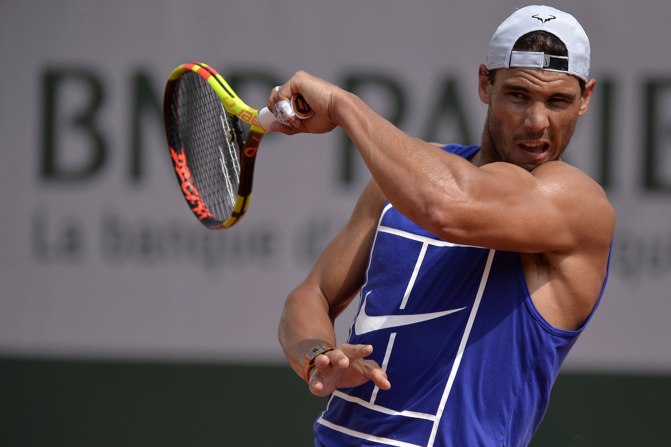 PARIS, FRANCE - MAY 24:  Rafael Nadal of Spain plays a forehand during a training session ahead of the French Open at Roland Garros on May 24, 2018 in Paris, France.  (Photo by Aurelien Meunier/Getty Images)