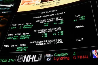 LAS VEGAS, NV - MAY 23:  The betting line for Game One of the Stanley Cup Final shows the Vegas Golden Knights favored over the Washington Capitals at the Race & Sports SuperBook at the Westgate Las Vegas Resort & Casino on May 23, 2018 in Las Vegas, Neva