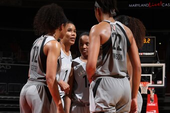 WASHINGTON, DC -¬ MAY 22:  the Las Vegas Aces huddle during the game against the Washington Mystics on May 22, 2018 at Capital One Arena in Washington, DC. NOTE TO USER: User expressly acknowledges and agrees that, by downloading and or using this Photogr