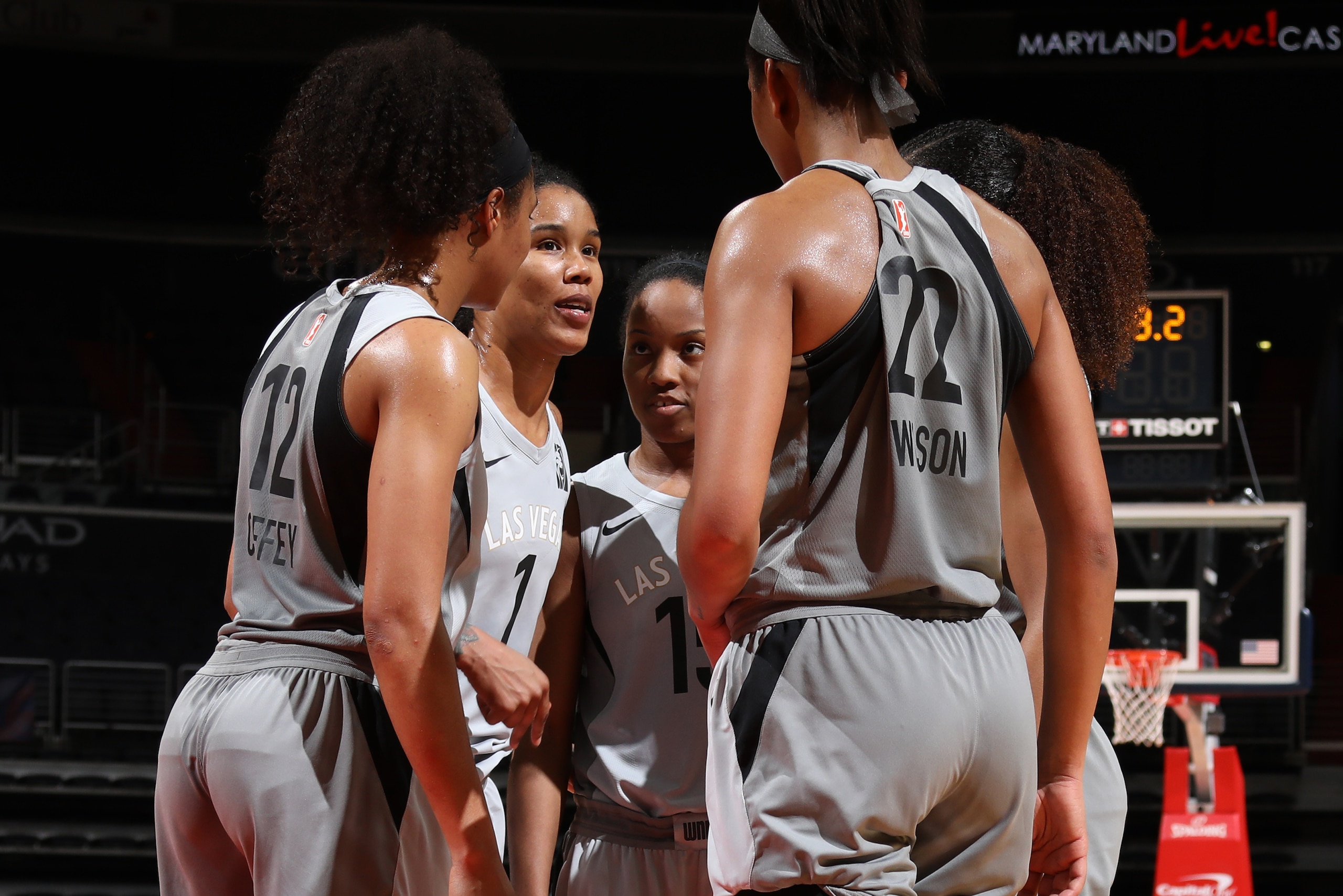 WASHINGTON, DC -¬ MAY 22:  the Las Vegas Aces huddle during the game against the Washington Mystics on May 22, 2018 at Capital One Arena in Washington, DC. NOTE TO USER: User expressly acknowledges and agrees that, by downloading and or using this Photogr