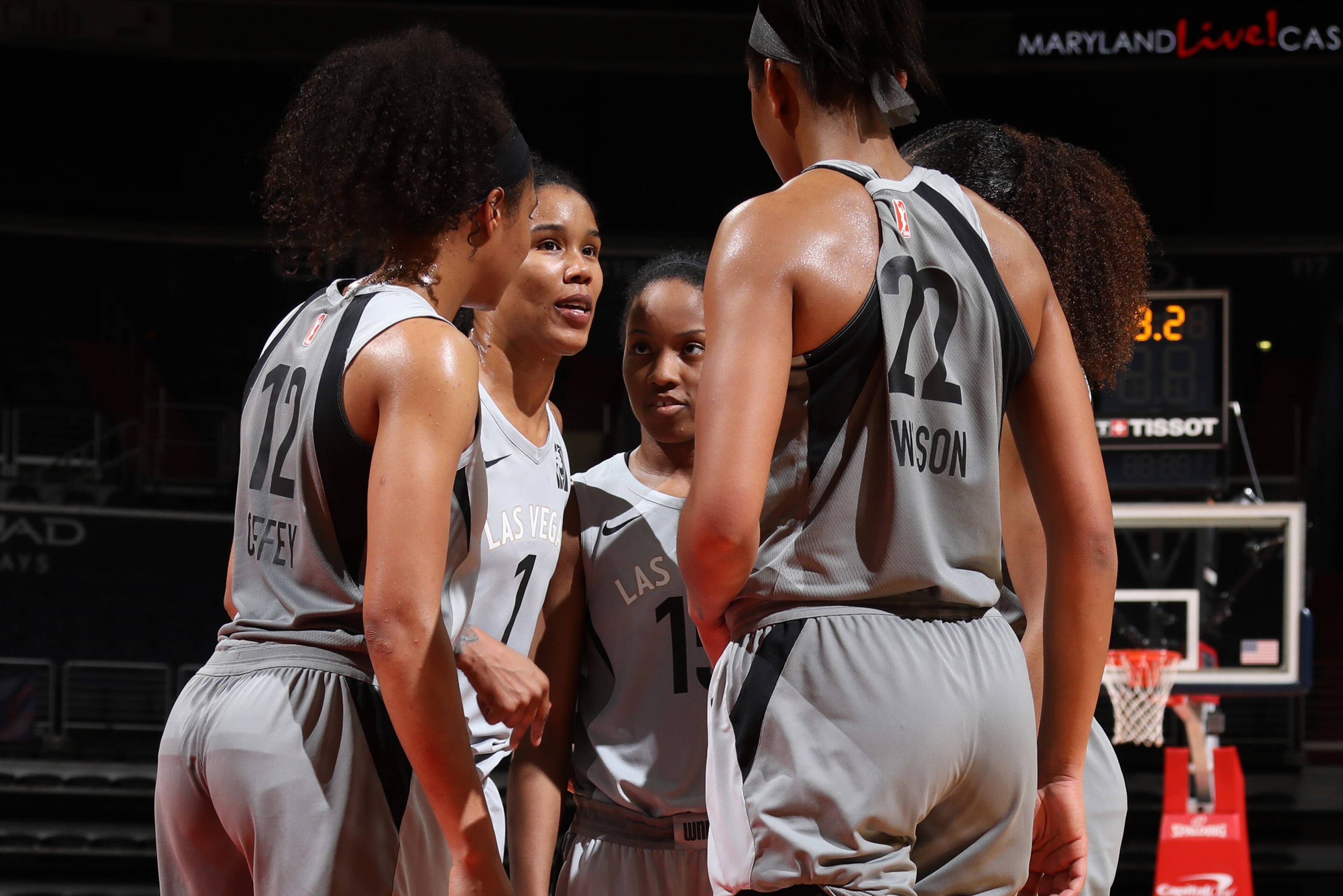 WASHINGTON, DC -¬ MAY 22:  the Las Vegas Aces huddle during the game against the Washington Mystics on May 22, 2018 at Capital One Arena in Washington, DC. NOTE TO USER: User expressly acknowledges and agrees that, by downloading and or using this Photogr