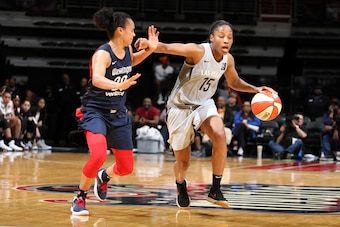 WASHINGTON, DC -  MAY 22:  Lindsay Allen #15 of the Las Vegas Aces handles the ball against the Washington Mystics on May 22, 2018 at Capital One Arena in Washington, DC. NOTE TO USER: User expressly acknowledges and agrees that, by downloading and or usi