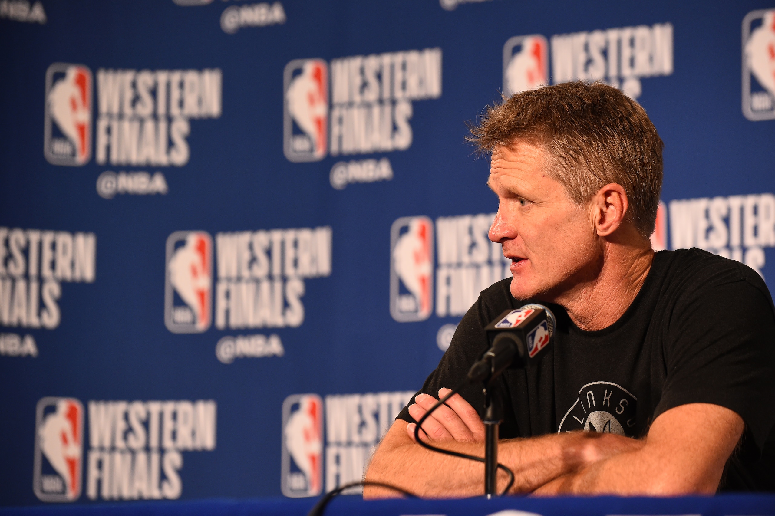 OAKLAND, CA - MAY 22: Steve Kerr of the Golden State Warriors talks to the media after the game against the Houston Rockets in Game Four of the Western Conference Finals of the 2018 NBA Playoffs on May 22, 2018 at ORACLE Arena in Oakland, California. NOT OAKLAND, CA - MAY 22: Steve Kerr of the Golden State Warriors talks to the media after the game against the Houston Rockets in Game Four of the Western Conference Finals of the 2018 NBA Playoffs on May 22, 2018 at ORACLE Arena in Oakland, California. NOT