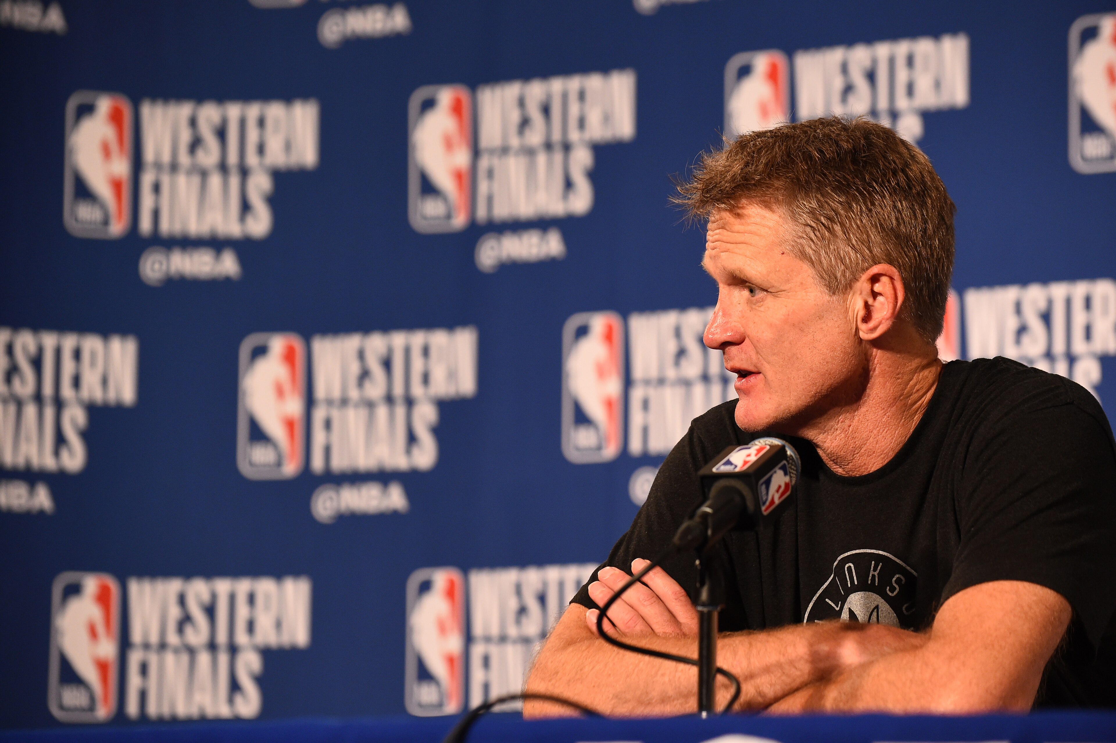 OAKLAND, CA - MAY 22:  Steve Kerr of the Golden State Warriors talks to the media after the game against the Houston Rockets in Game Four of the Western Conference Finals of the 2018 NBA Playoffs on May 22, 2018 at ORACLE Arena in Oakland, California. NOT