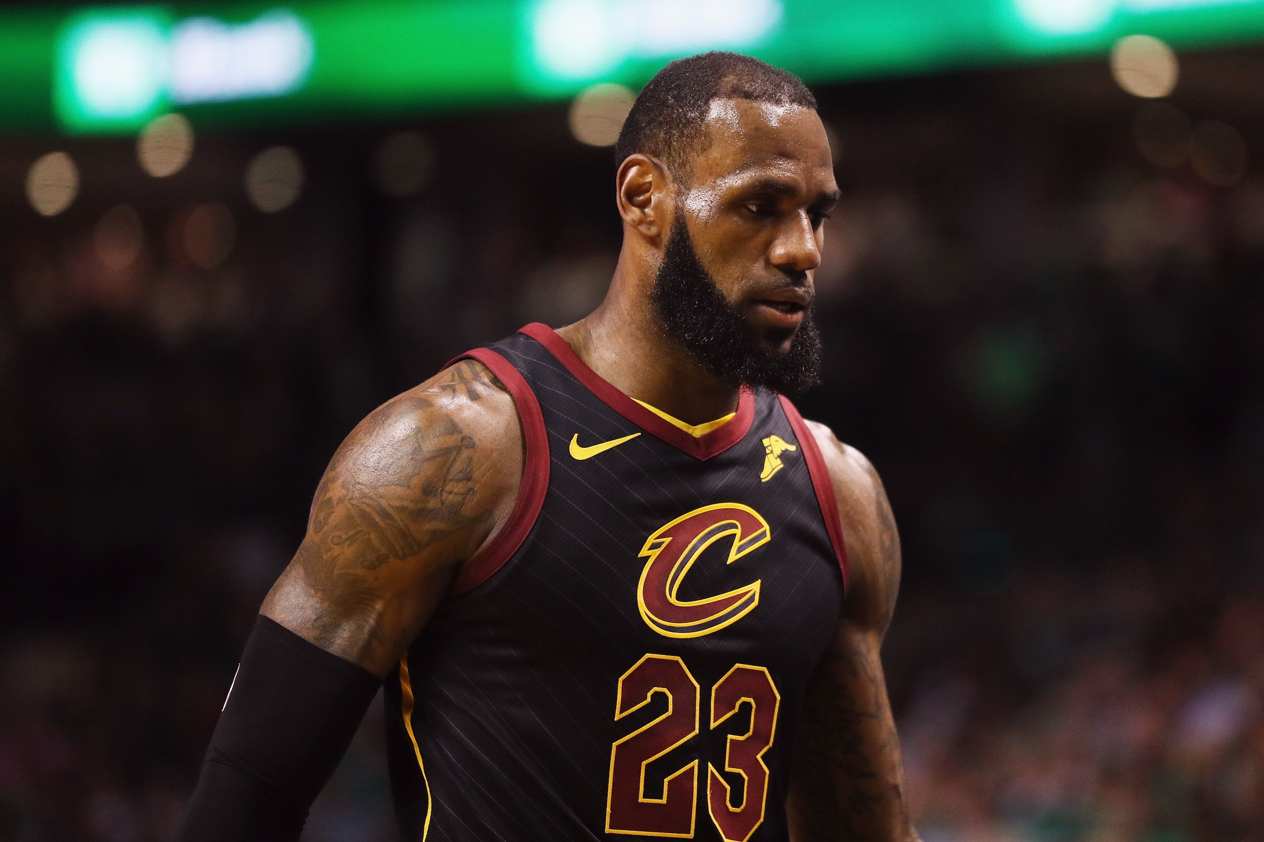 BOSTON, MA - MAY 23:  LeBron James #23 of the Cleveland Cavaliers reacts in the first half against the Boston Celtics during Game Five of the 2018 NBA Eastern Conference Finals at TD Garden on May 23, 2018 in Boston, Massachusetts. NOTE TO USER: User expr