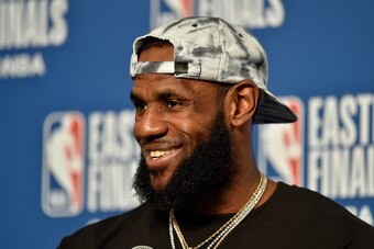 CLEVELAND, OH - MAY 25:  LeBron James #23 of the Cleveland Cavaliers talks to the media after the game against the Boston Celtics in Game Six of the Eastern Conference Finals of the 2018 NBA Playoffs on May 25, 2018 at Quicken Loans Arena in Cleveland, Oh