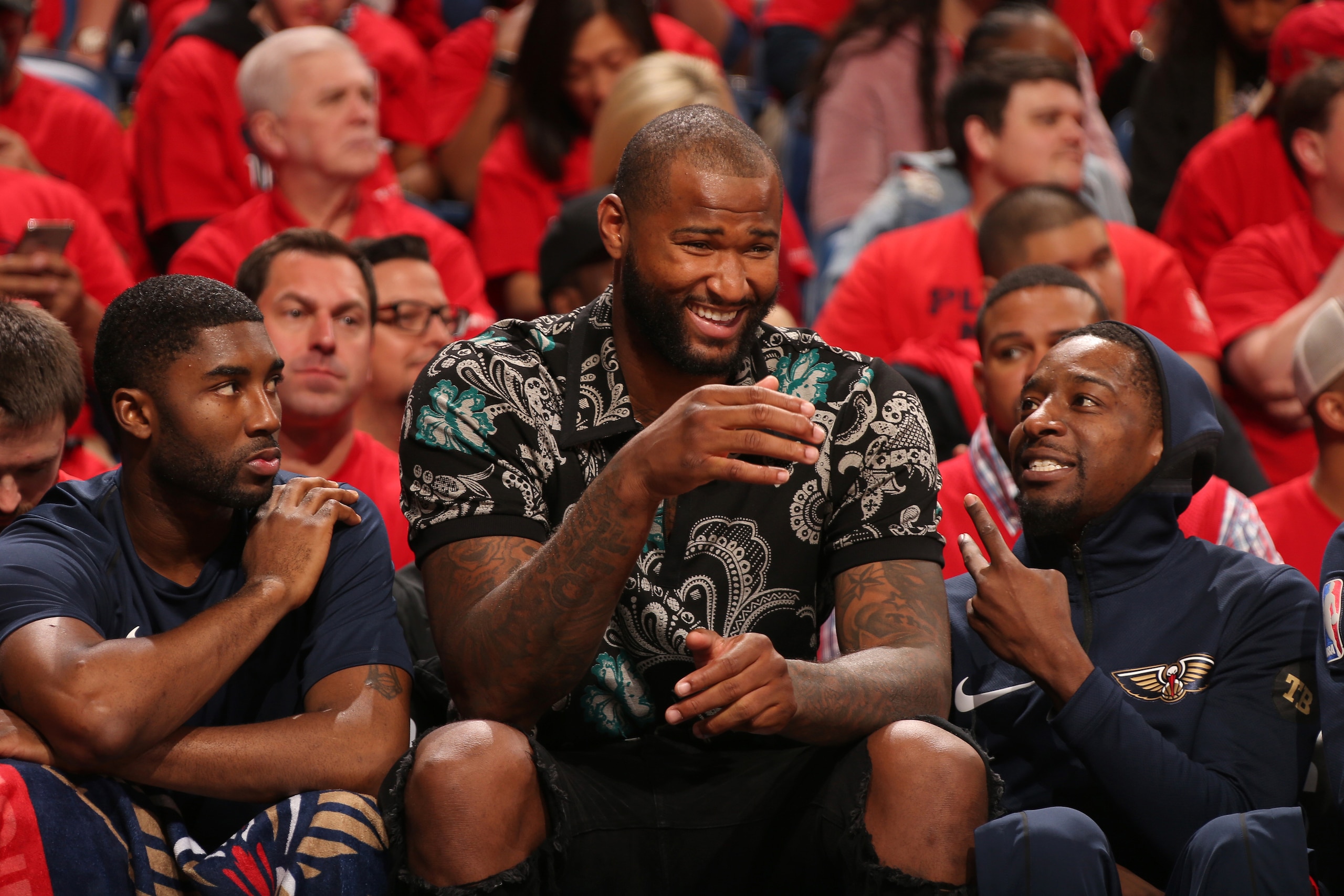 NEW ORLEANS, LA - APRIL 19: DeMarcus Cousins #0 of the New Orleans Pelicans in Game Three of Round One against the Portland Trail Blazers during the 2018 NBA Playoffs on April 19, 2018 at Smoothie King Center in New Orleans, Louisiana. NOTE TO USER: User 