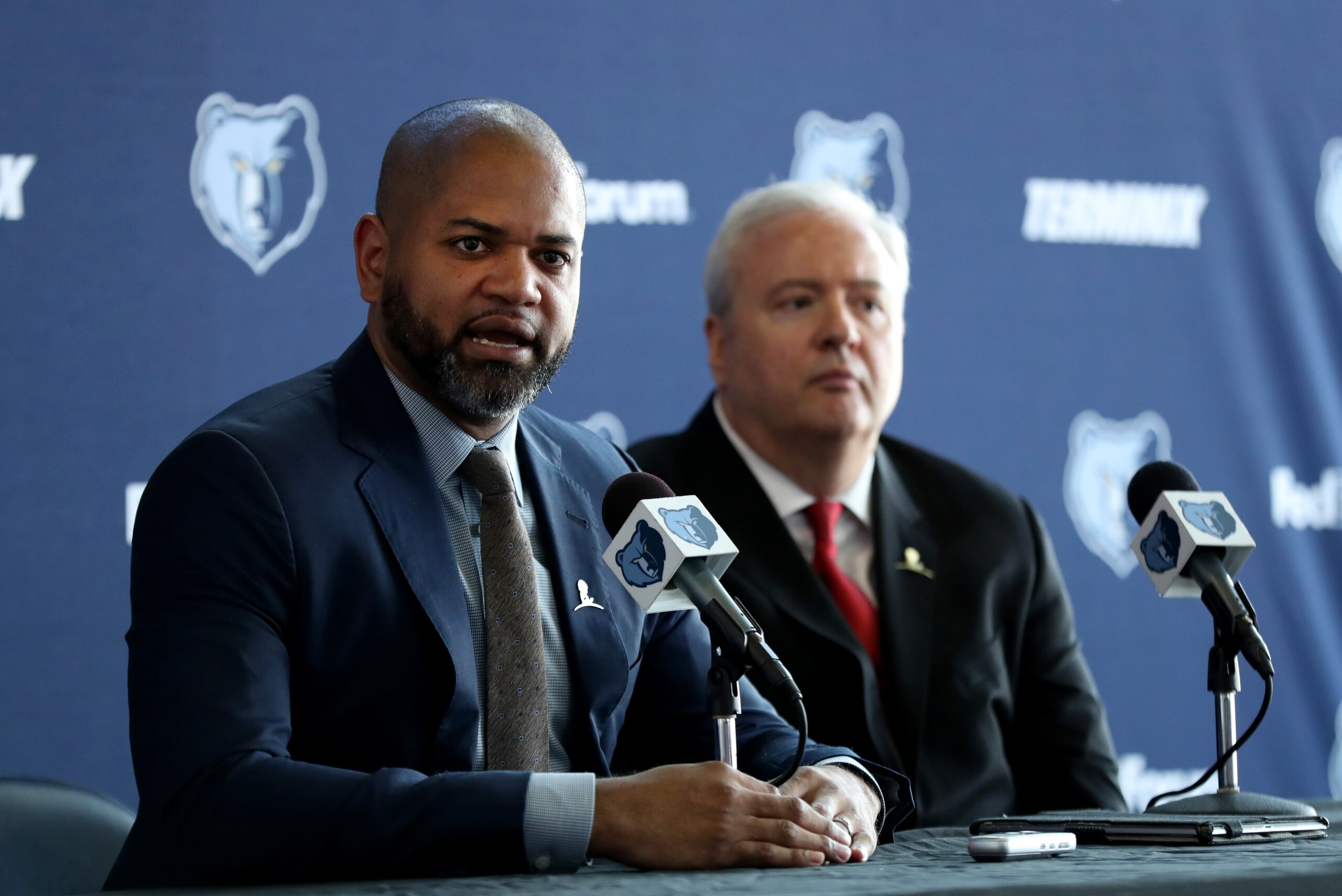 MEMPHIS, TN - MAY 2: J.B. Bickerstaff, Head coach of the Memphis Grizzlies and General Manger Chris Wallace of the Memphis Grizzlies address the media during a Press Conference on May 2, 2018 at FedExForum in Memphis, Tennessee.  NOTE TO USER: User expres