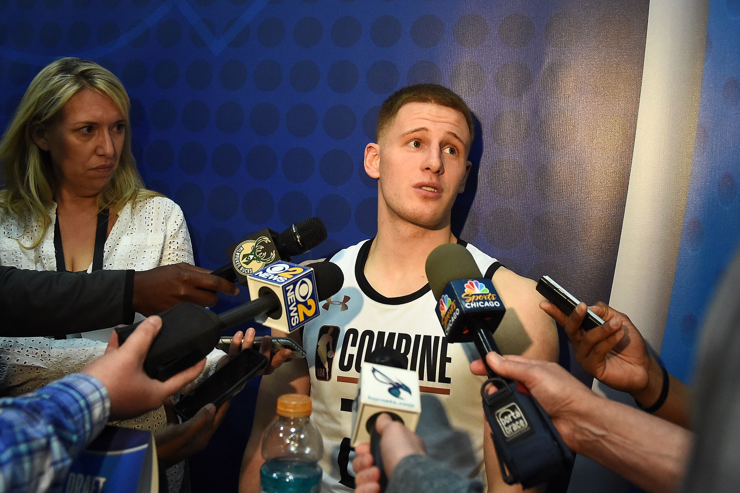 CHICAGO, IL - MAY 17:  Donte DiVincenzo #23 speaks with reporters during Day One of the NBA Draft Combine at Quest MultiSport Complex on May 17, 2018 in Chicago, Illinois.  NOTE TO USER: User expressly acknowledges and agrees that, by downloading and or u