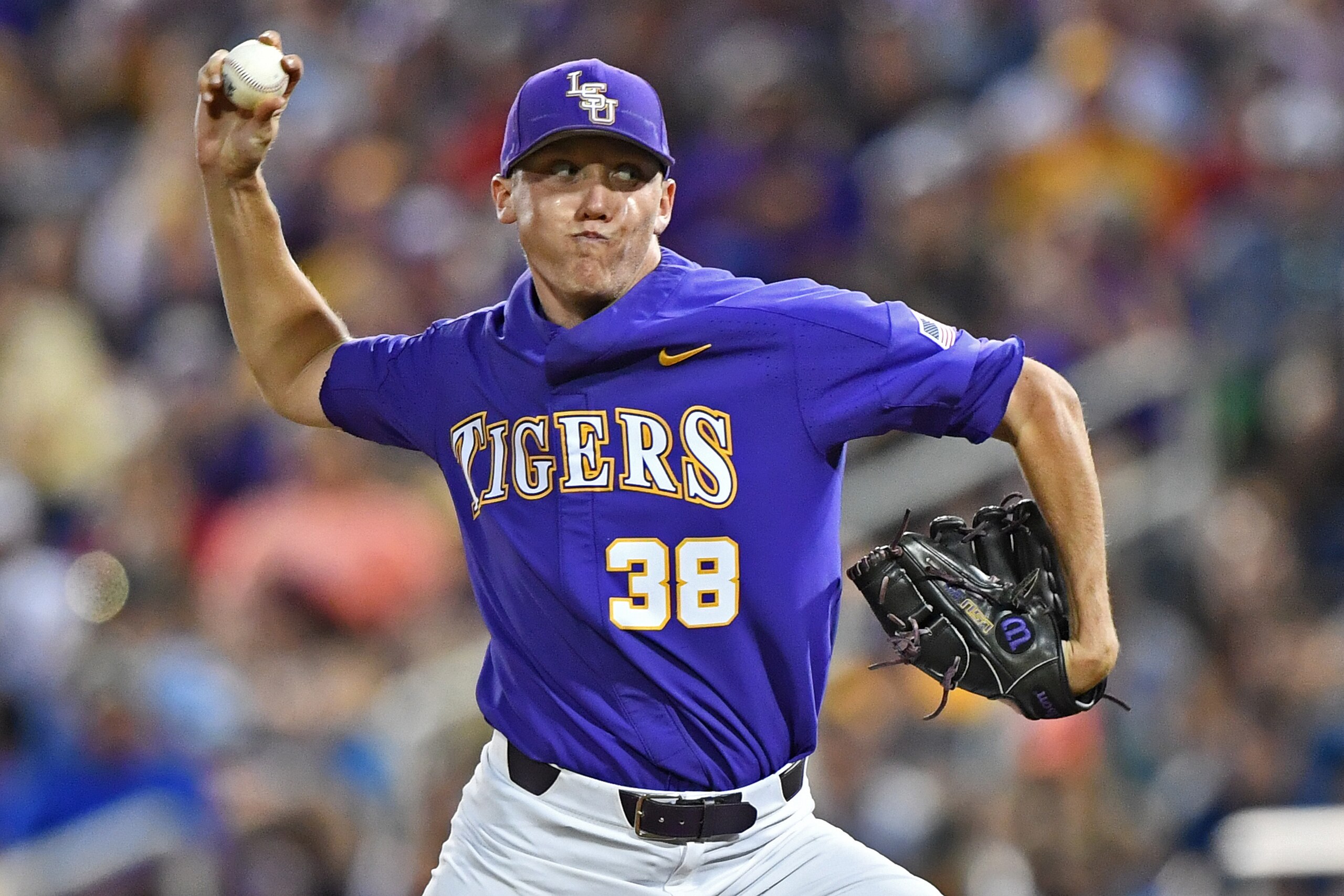 OMAHA, NE - JUNE 27:  Pitcher Zach Hess #38 of the LSU Tigers delivers a pitch against the Florida Gators in the seventh inning during game two of the College World Series Championship Series on June 27, 2017 at TD Ameritrade Park in Omaha, Nebraska.  (Ph