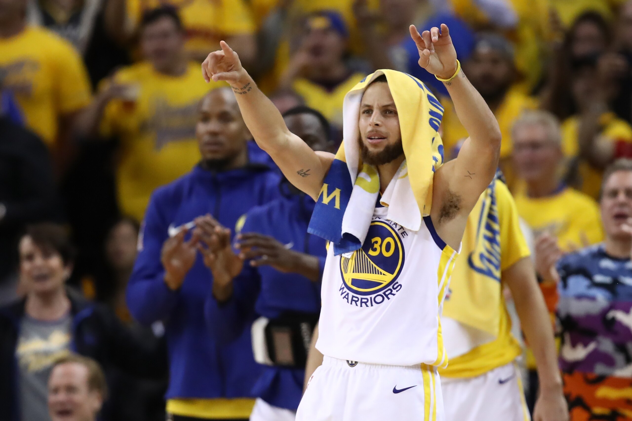 OAKLAND, CA - MAY 26:  Stephen Curry #30 of the Golden State Warriors reacts from the bench during Game Six of the Western Conference Finals against the Houston Rockets in the 2018 NBA Playoffs at ORACLE Arena on May 26, 2018 in Oakland, California. NOTE 