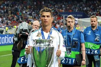 KIEV, UKRAINE - MAY 26: Cristiano Ronaldo of Real Madrid with a trophy after the UEFA Champions League final between Real Madrid and Liverpool at NSC Olimpiyskiy Stadium on May 26, 2018 in Kiev, Ukraine. (Photo by MB Media/Getty Images)