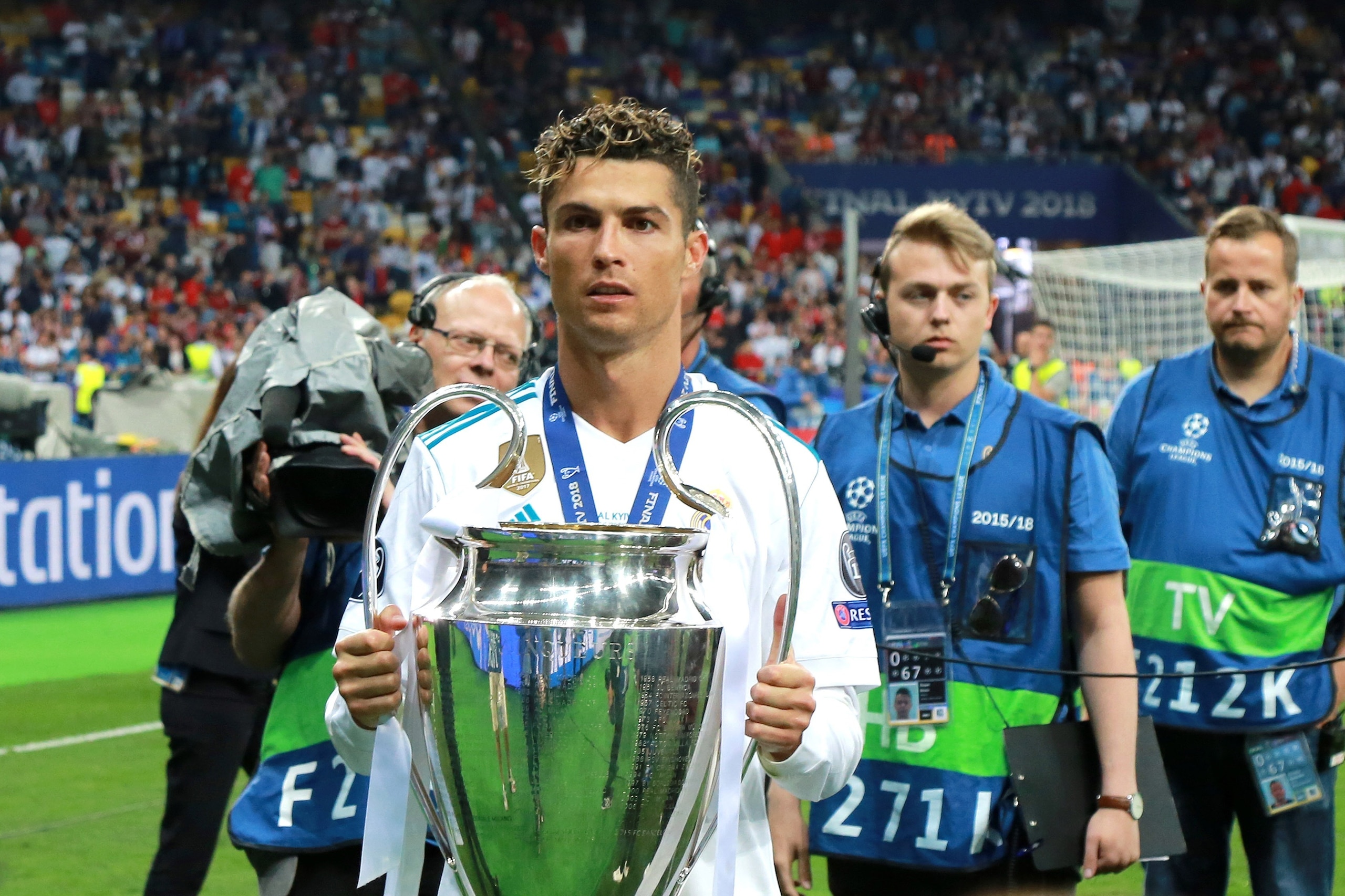 KIEV, UKRAINE - MAY 26: Cristiano Ronaldo of Real Madrid with a trophy after the UEFA Champions League final between Real Madrid and Liverpool at NSC Olimpiyskiy Stadium on May 26, 2018 in Kiev, Ukraine. (Photo by MB Media/Getty Images)