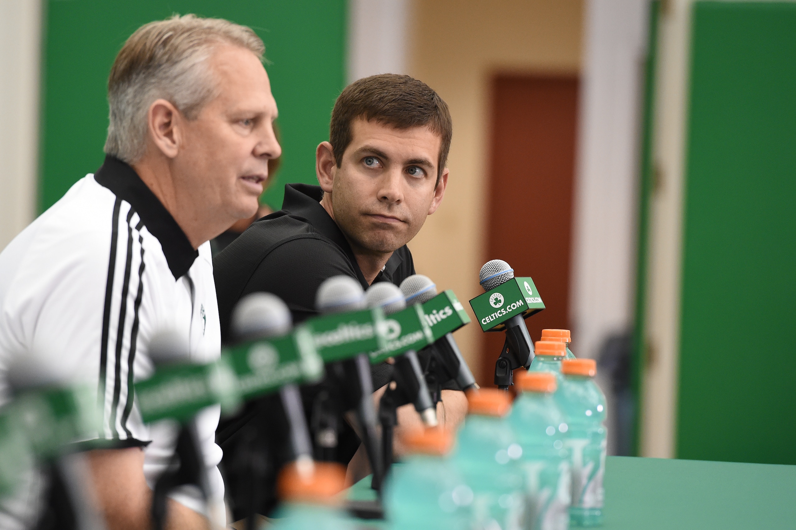 BOTON, MA - JUNE 24:  Danny Ainge and Brad Stevens of the Boston Celtics introduce the Celtics 2016 NBA Draft class during a press conference on June 24, 2016 at TD Garden in Boston, Massachusetts. NOTE TO USER: User expressly acknowledges and agrees that