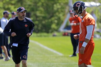 Chicago Bears offensive coordinator Mark Helfrich and quarterback Mitchell Trubisky