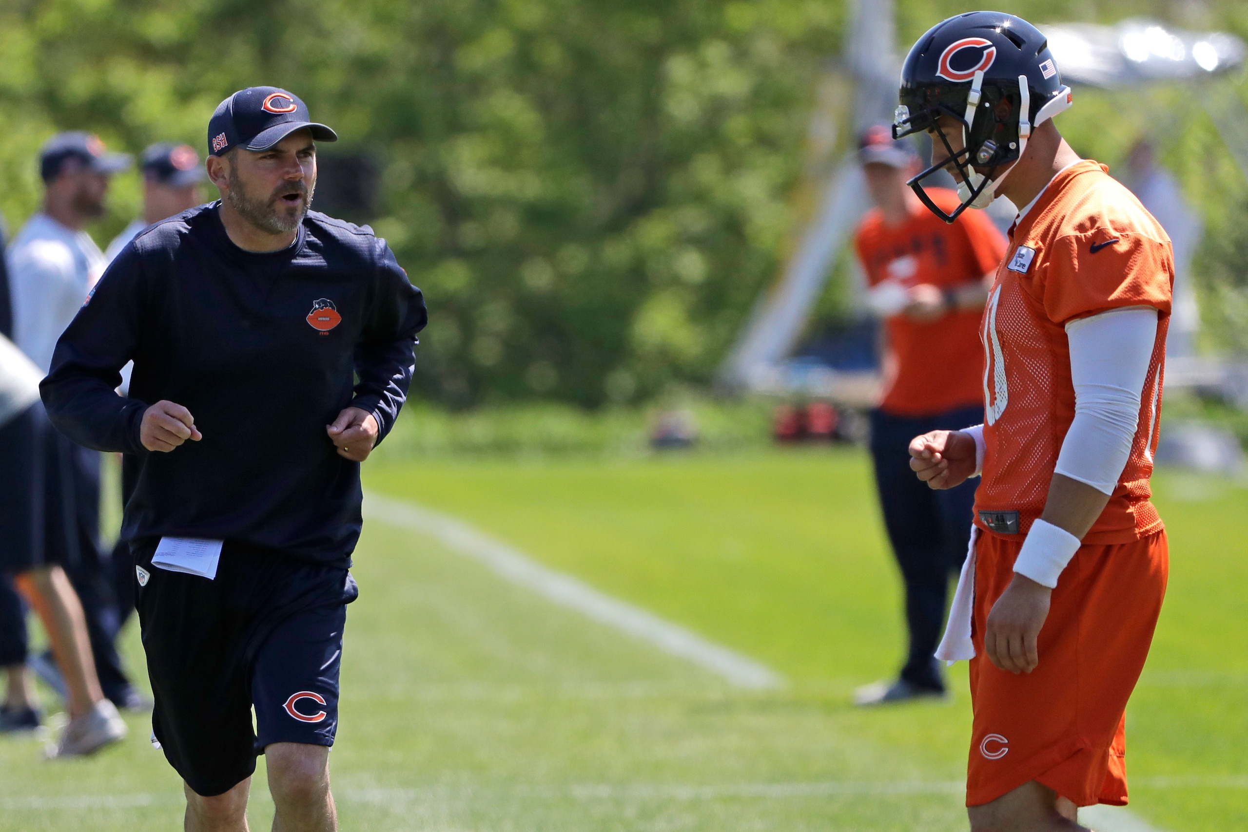 Chicago Bears offensive coordinator Mark Helfrich and quarterback Mitchell Trubisky