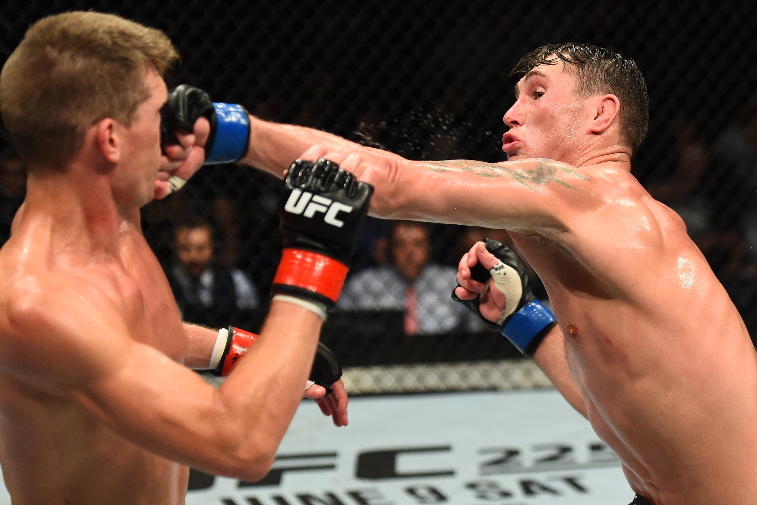 LIVERPOOL, ENGLAND - MAY 27:  (R-L) Darren Till of England punches Stephen Thompson in their welterweight bout during the UFC Fight Night event at ECHO Arena on May 27, 2018 in Liverpool, England. (Photo by Josh Hedges/Zuffa LLC/Zuffa LLC via Getty Images