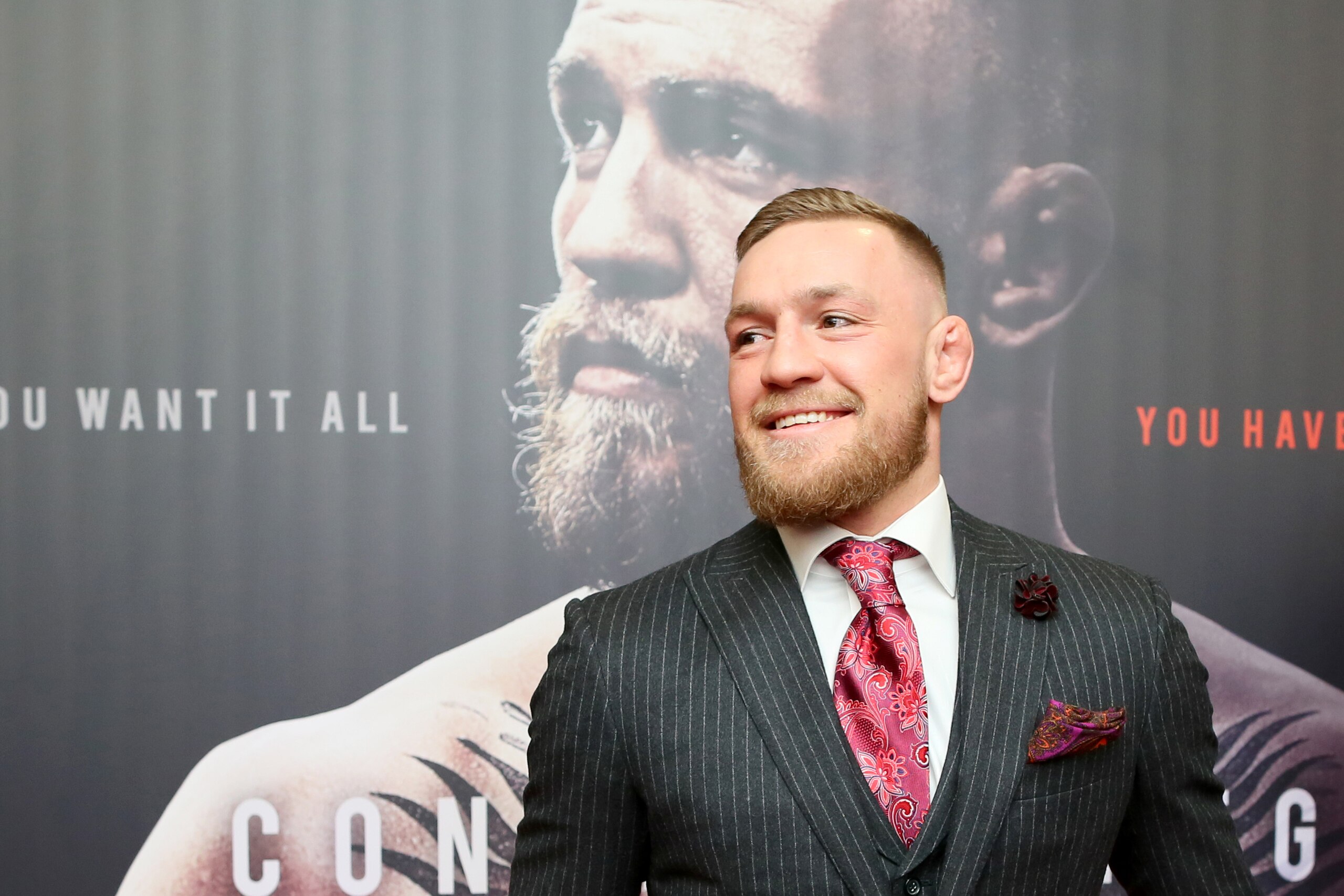 Irish mixed martial arts star Conor McGregor poses upon arrival to attend the world premiere of the documentary film 'Conor McGregor: Notorious' at the Savoy Cinema in Dublin, Ireland on November 1, 2017. / AFP PHOTO / Paul FAITH        (Photo credit shou