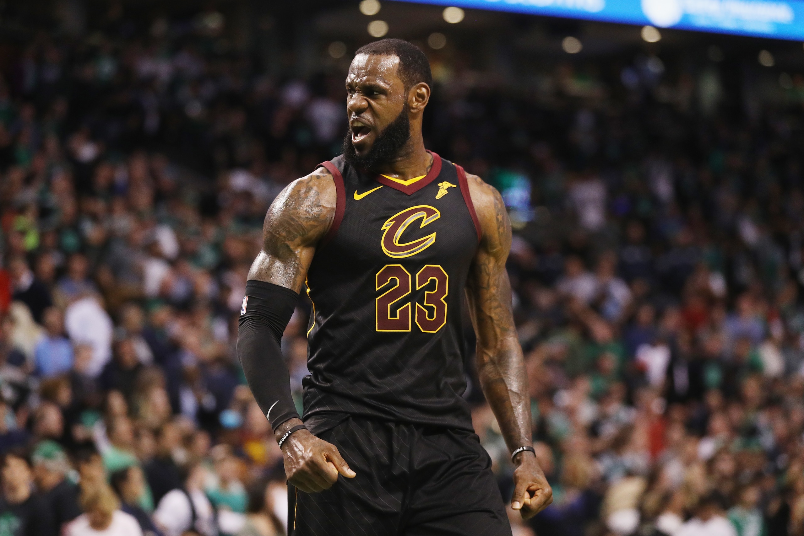 BOSTON, MA - MAY 27:  LeBron James #23 of the Cleveland Cavaliers reacts in the second half against the Boston Celtics during Game Seven of the 2018 NBA Eastern Conference Finals at TD Garden on May 27, 2018 in Boston, Massachusetts. NOTE TO USER: User ex