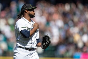 SEATTLE, WA - MAY 27: Relief pitcher Alex Colome #48 of the Seattle Mariners reacts after the final out of a game against the Minnesota Twins at Safeco Field on May 27, 2018 in Seattle, Washington. The Mariners won the game 3-1. (Photo by Stephen Brashear