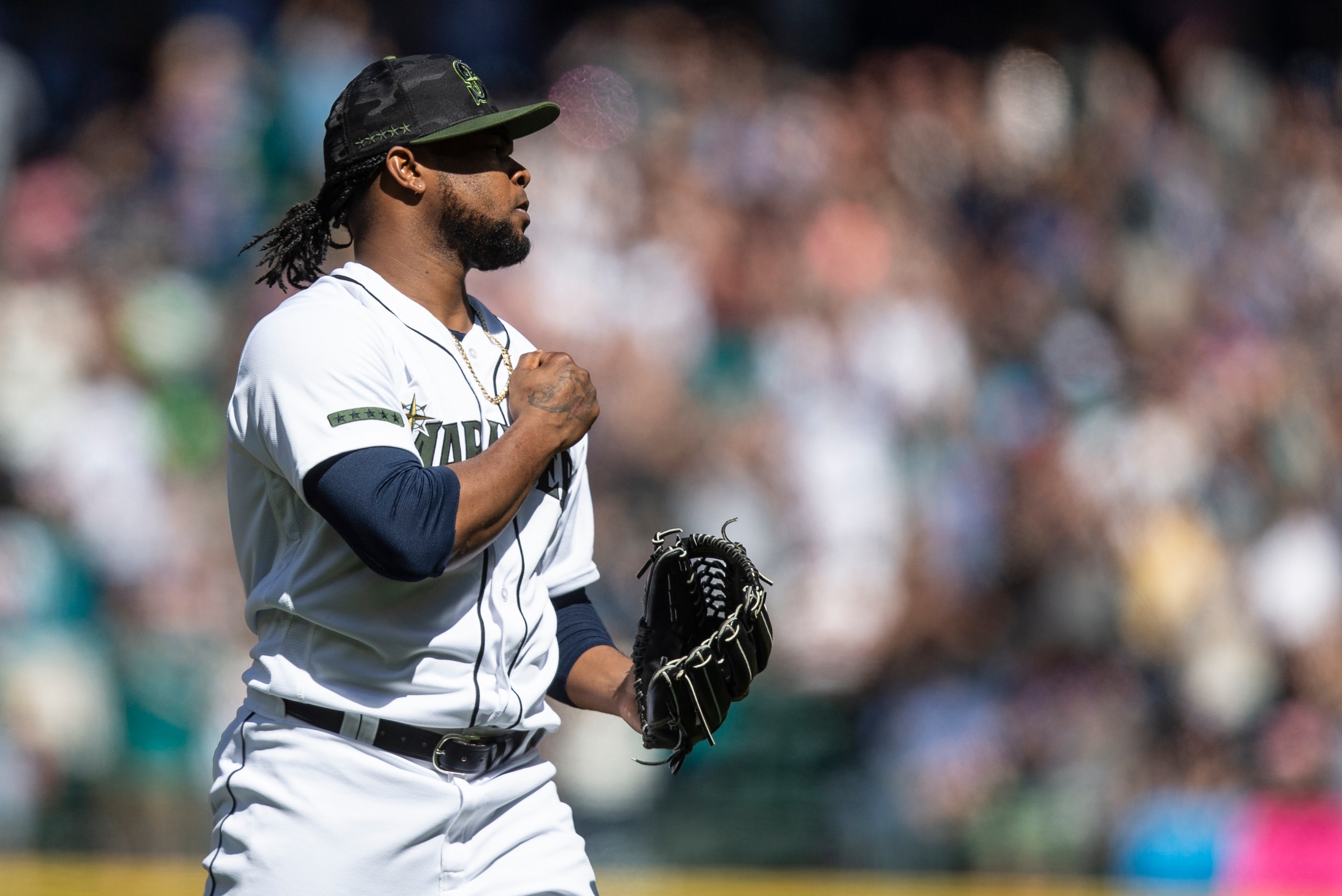 SEATTLE, WA - MAY 27: Relief pitcher Alex Colome #48 of the Seattle Mariners reacts after the final out of a game against the Minnesota Twins at Safeco Field on May 27, 2018 in Seattle, Washington. The Mariners won the game 3-1. (Photo by Stephen Brashear