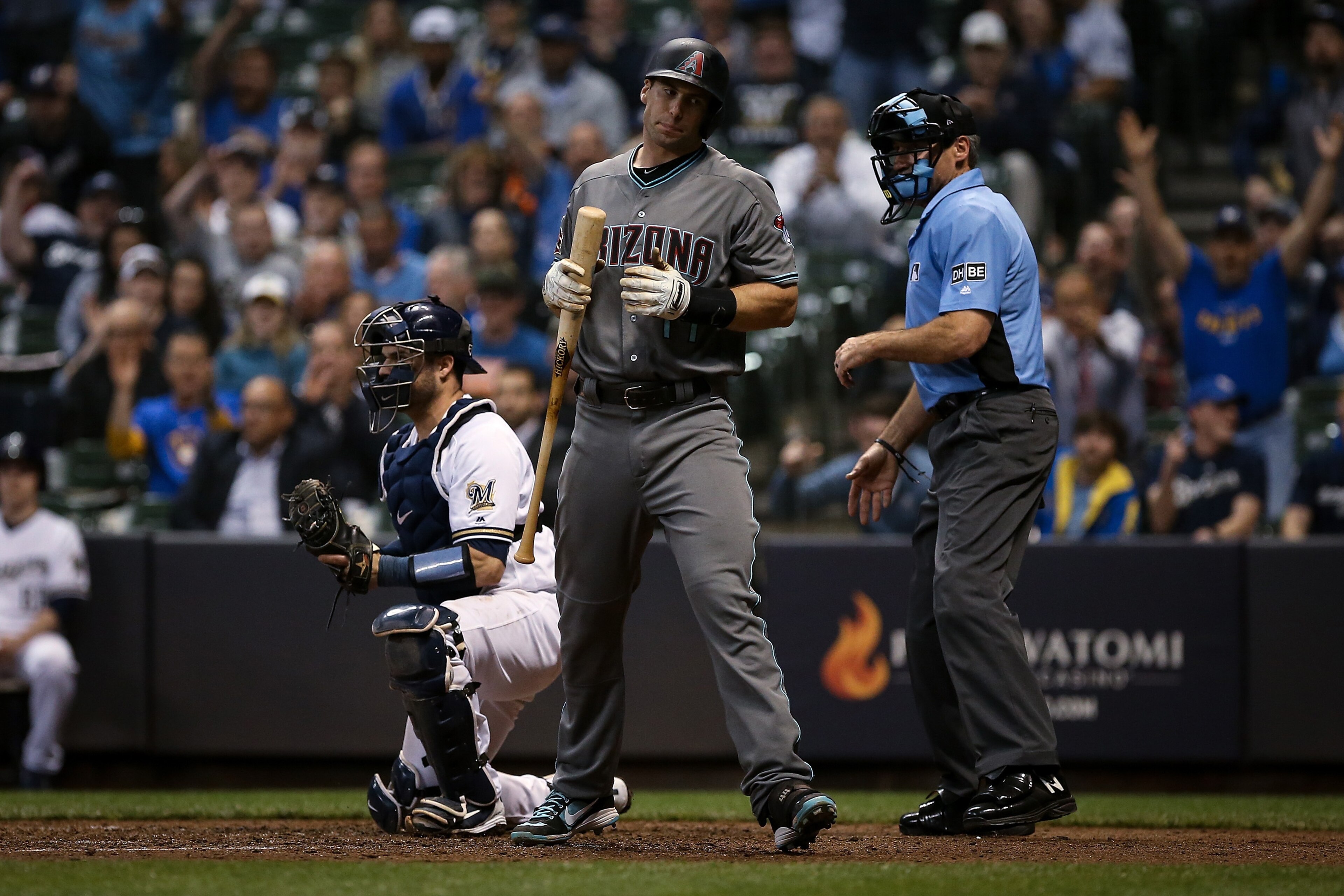 MILWAUKEE, WI - MAY 22:  Paul Goldschmidt #44 of the Arizona Diamondbacks walks back to the dugout after striking out in the ninth inning against the Milwaukee Brewers at Miller Park on May 22, 2018 in Milwaukee, Wisconsin.  (Photo by Dylan Buell/Getty Im