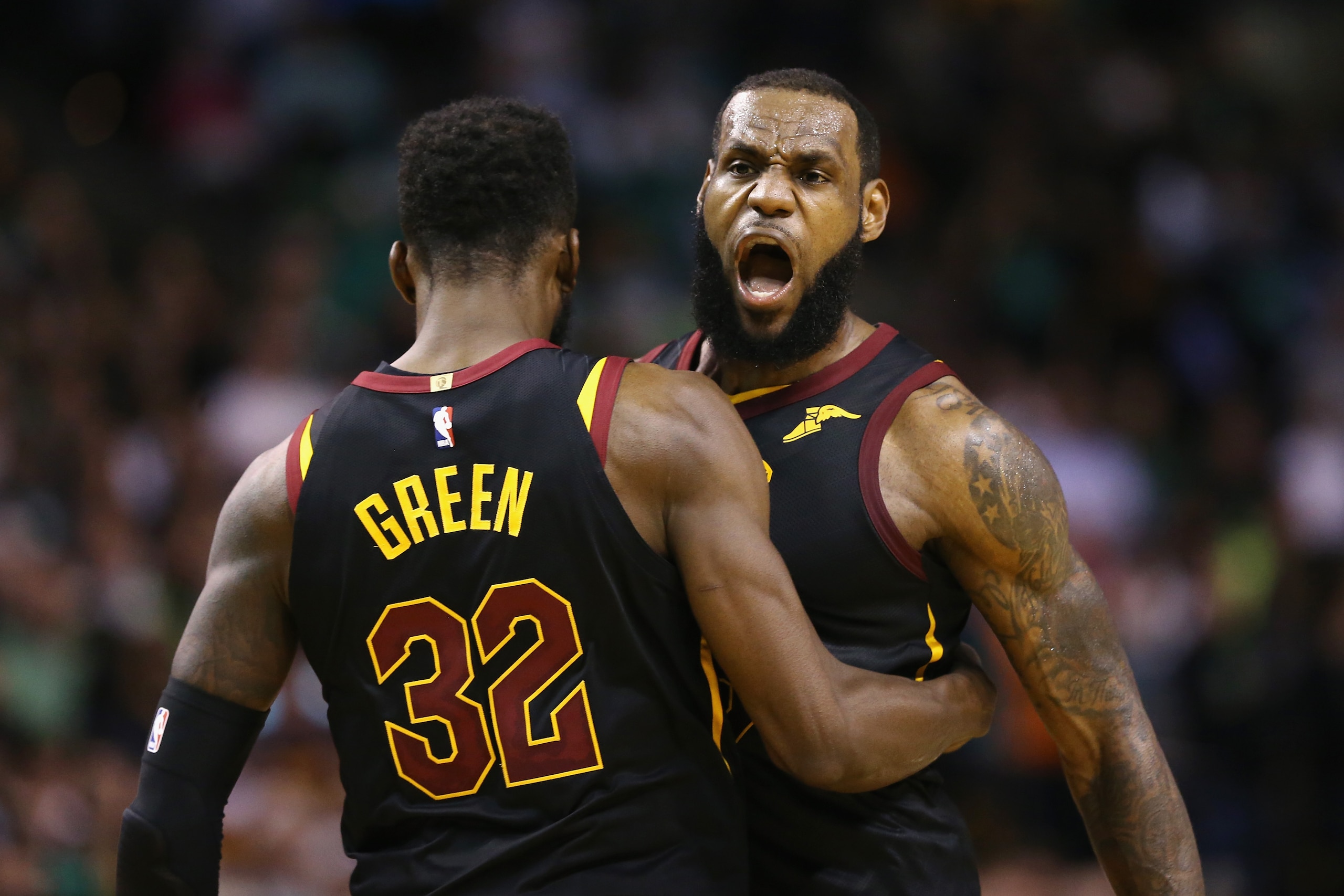 BOSTON, MA - MAY 27:  LeBron James #23 of the Cleveland Cavaliers celebrates with Jeff Green #32 in the second half against the Boston Celtics during Game Seven of the 2018 NBA Eastern Conference Finals at TD Garden on May 27, 2018 in Boston, Massachusett