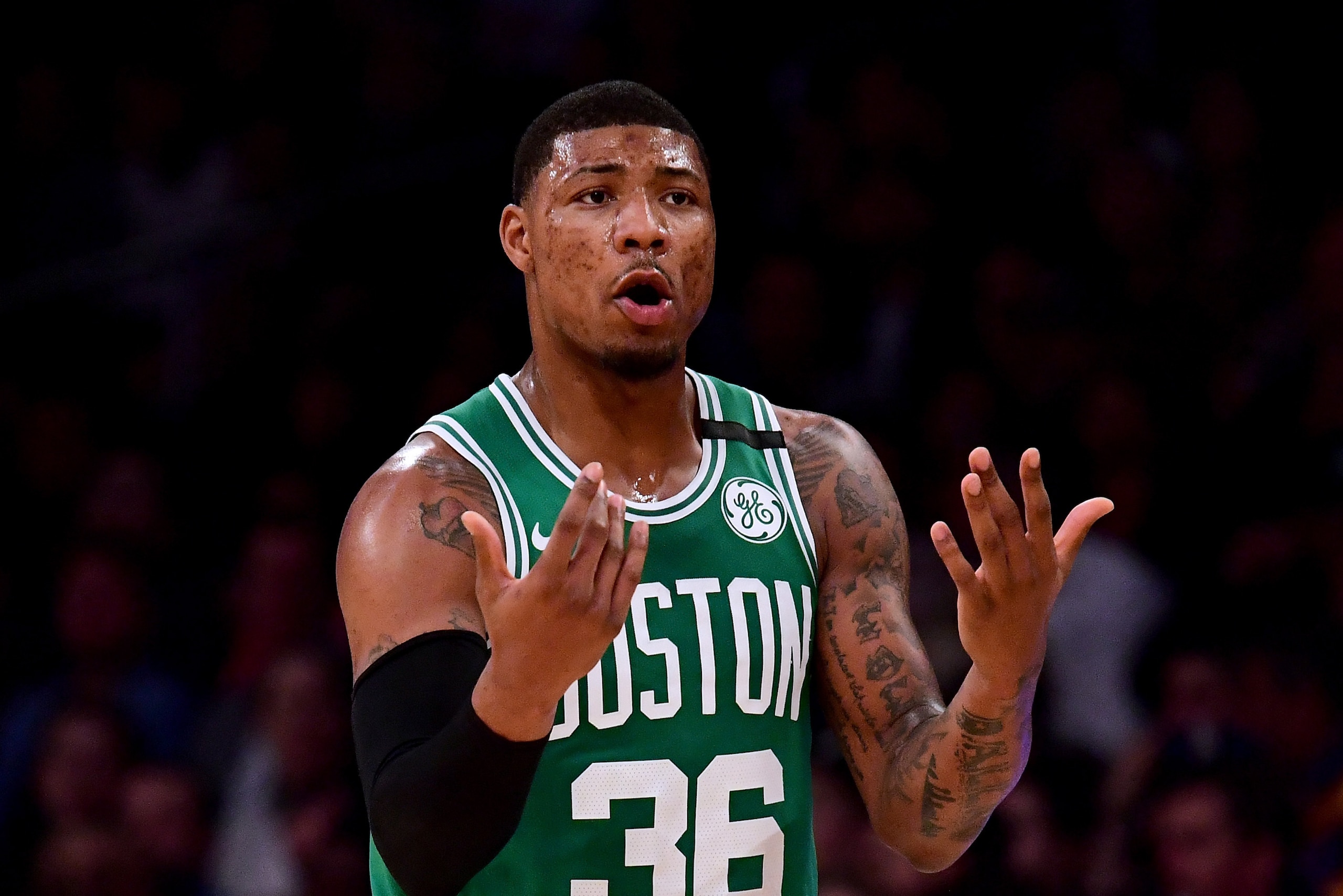 LOS ANGELES, CA - JANUARY 23:  Marcus Smart #36 of the Boston Celtics calls for the ball during the first half against the Los Angeles Lakers at Staples Center on January 23, 2018 in Los Angeles, California.  (Photo by Harry How/Getty Images)