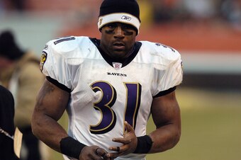 CLEVELAND - DECEMBER 21:  Running back Jamal Lewis #31 of the Baltimore Ravens stands on the sidelines during the game against the Cleveland Browns at Cleveland Browns Stadium on December 21, 2003 in Cleveland, Ohio.  The Ravens won 35-0.  (Photo by David
