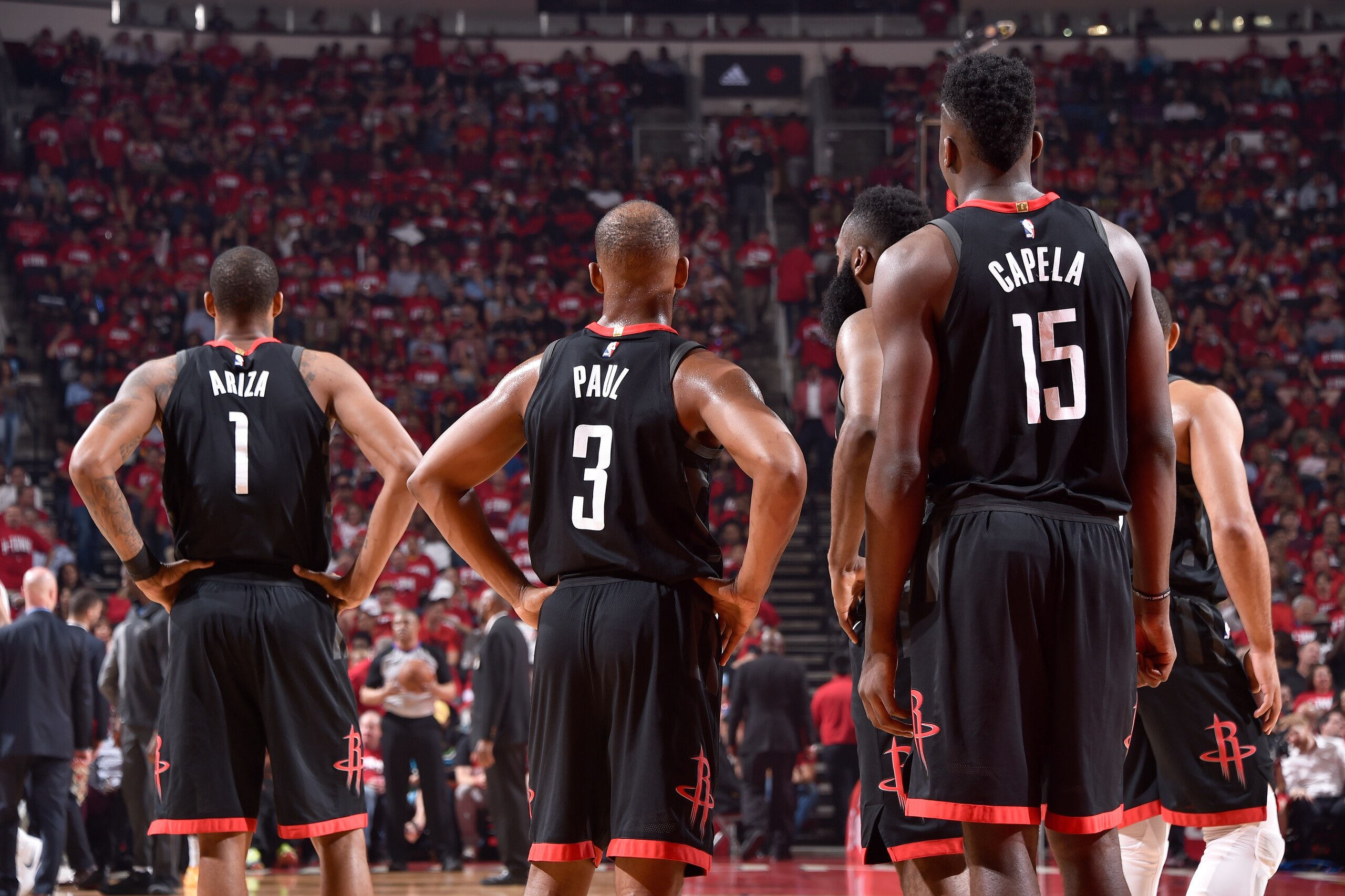 HOUSTON, TX - MAY 2: Trevor Ariza #1 of the Houston Rockets, Chris Paul #3 of the Houston Rockets, James Harden #13 of the Houston Rockets, and Clint Capela #15 of the Houston Rockets look on during the game against the Utah Jazz in Game Two of Round Two 