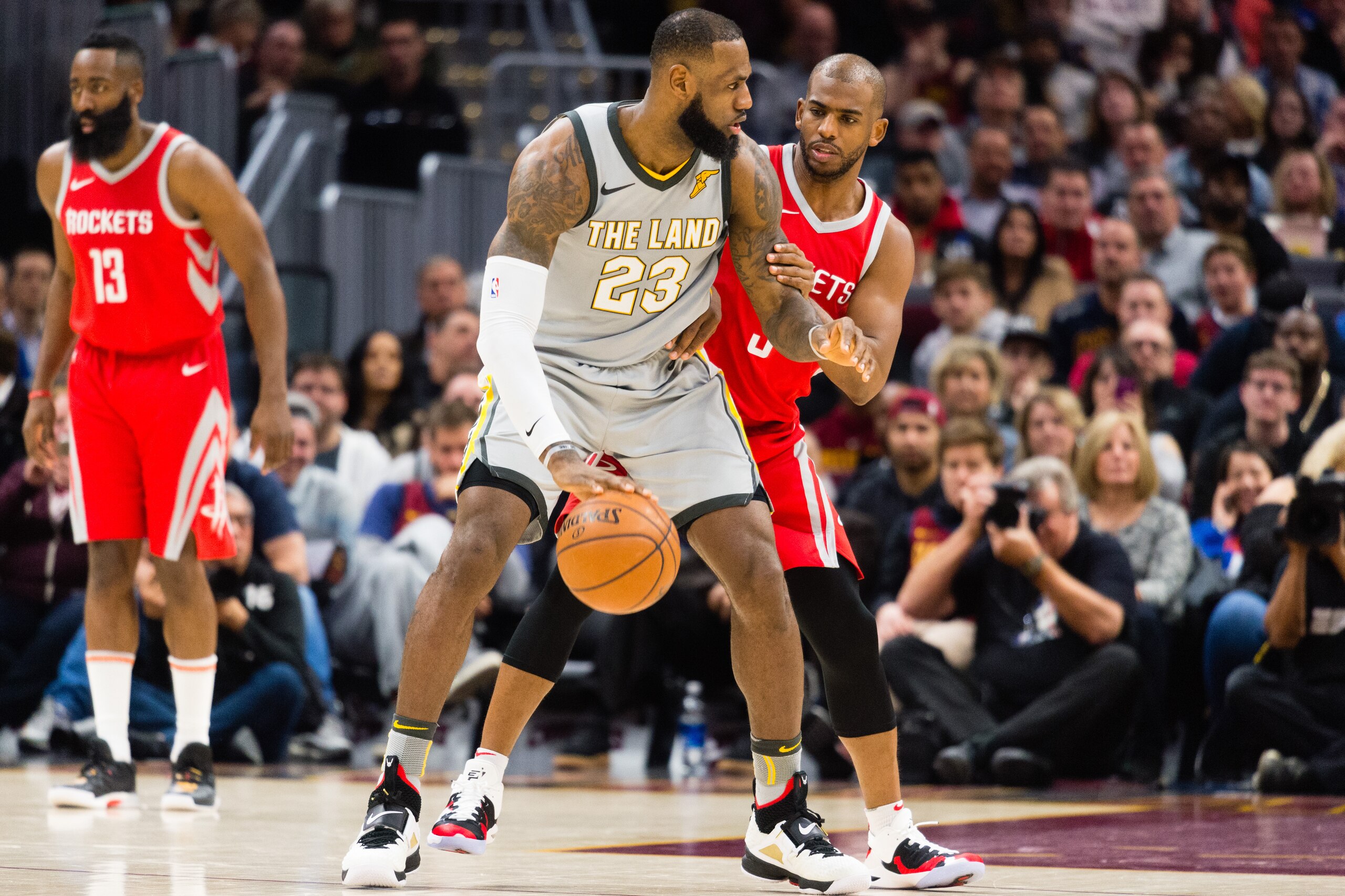 CLEVELAND, OH - FEBRUARY 3: LeBron James #23 of the Cleveland Cavaliers tries to drive around Chris Paul #3 of the Houston Rockets during the first half at Quicken Loans Arena on February 3, 2018 in Cleveland, Ohio. NOTE TO USER: User expressly acknowledg