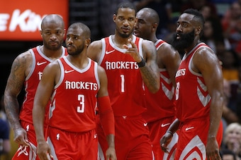 NEW ORLEANS, LA - MARCH 17:  Chris Paul #3 of the Houston Rockets, James Harden #13, Trevor Ariza #1, Luc Mbah a Moute #12 and PJ Tucker #4 talk during the second half against the New Orleans Pelicans at the Smoothie King Center on March 17, 2018 in New O