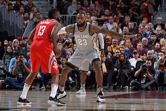 CLEVELAND, OH - FEBRUARY 3: LeBron James #23 of the Cleveland Cavaliers defends against James Harden #13 of the Houston Rockets during the game between the two teams on February 3, 2018 at Quicken Loans Arena in Cleveland, Ohio.  NOTE TO USER: User expres