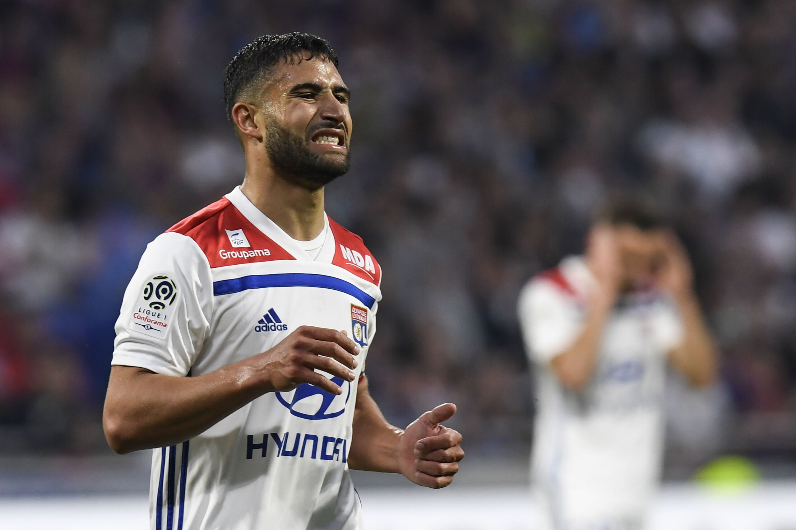 Lyon's French midfielder Nabil Fekir reacts after missing a goal during the French L1 football match between Olympique Lyonnais and OGC Nice, on May 19, 2018, at the Groupama Stadium in Decines-Charpieu near Lyon, central-eastern France. (Photo by PHILIPP