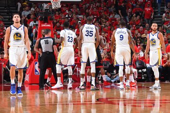 HOUSTON, TX - MAY 16: Klay Thompson #11 , Draymond Green #23, Kevin Durant #35, Andre Iguodala #9, and Stephen Curry #30 of the Golden State Warriors are photographed during Game Two of the Western Conference Finals of the 2018 NBA Playoffs on May 16, 201