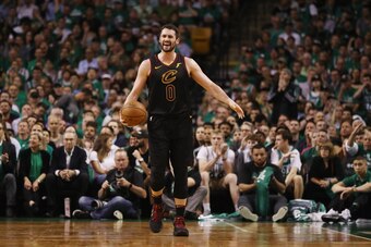 BOSTON, MA - MAY 23:  Kevin Love #0 of the Cleveland Cavaliers reacts in the first half against the Boston Celtics during Game Five of the 2018 NBA Eastern Conference Finals at TD Garden on May 23, 2018 in Boston, Massachusetts. NOTE TO USER: User express