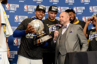 HOUSTON, TX - MAY 28: Nick Young #6 of the Golden State Warriors holds the Western Conference Champion Trophy after the game against the Houston Rockets during Game Seven of the Western Conference Finals of the 2018 NBA Playoffs on May 28, 2018 at the Toy