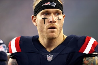 FOXBORO, MA - OCTOBER 22: Cassius Marsh #55 of the New England Patriots looks on before a game against the Atlanta Falcons at Gillette Stadium on October 22, 2017 in Foxboro, Massachusetts. (Photo by Maddie Meyer/Getty Images)