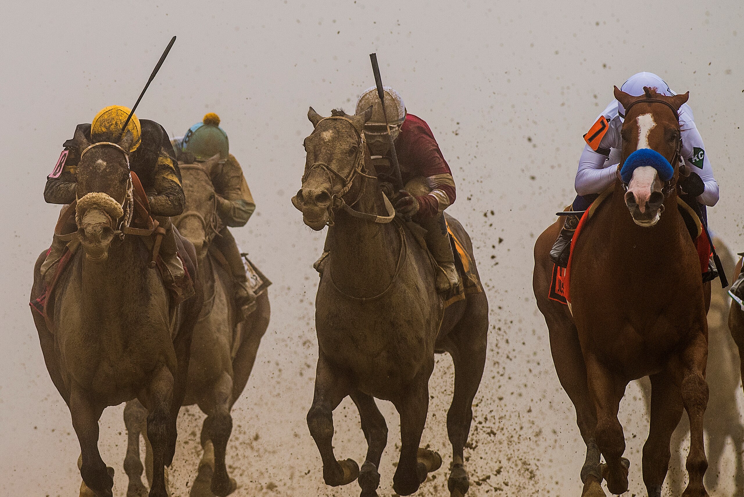 BALTIMORE, MD - MAY 19: Justify #7 with Mike Smith hold off the late charge of Bravazo #8 with Luis Saez and Tenforld #6 with Ricardo Santana Jr. to win the 143rd Preakness Stakes at Pimlico Racecourse on May 19, 2018 in Baltimore, Maryland. (Photo by Ale