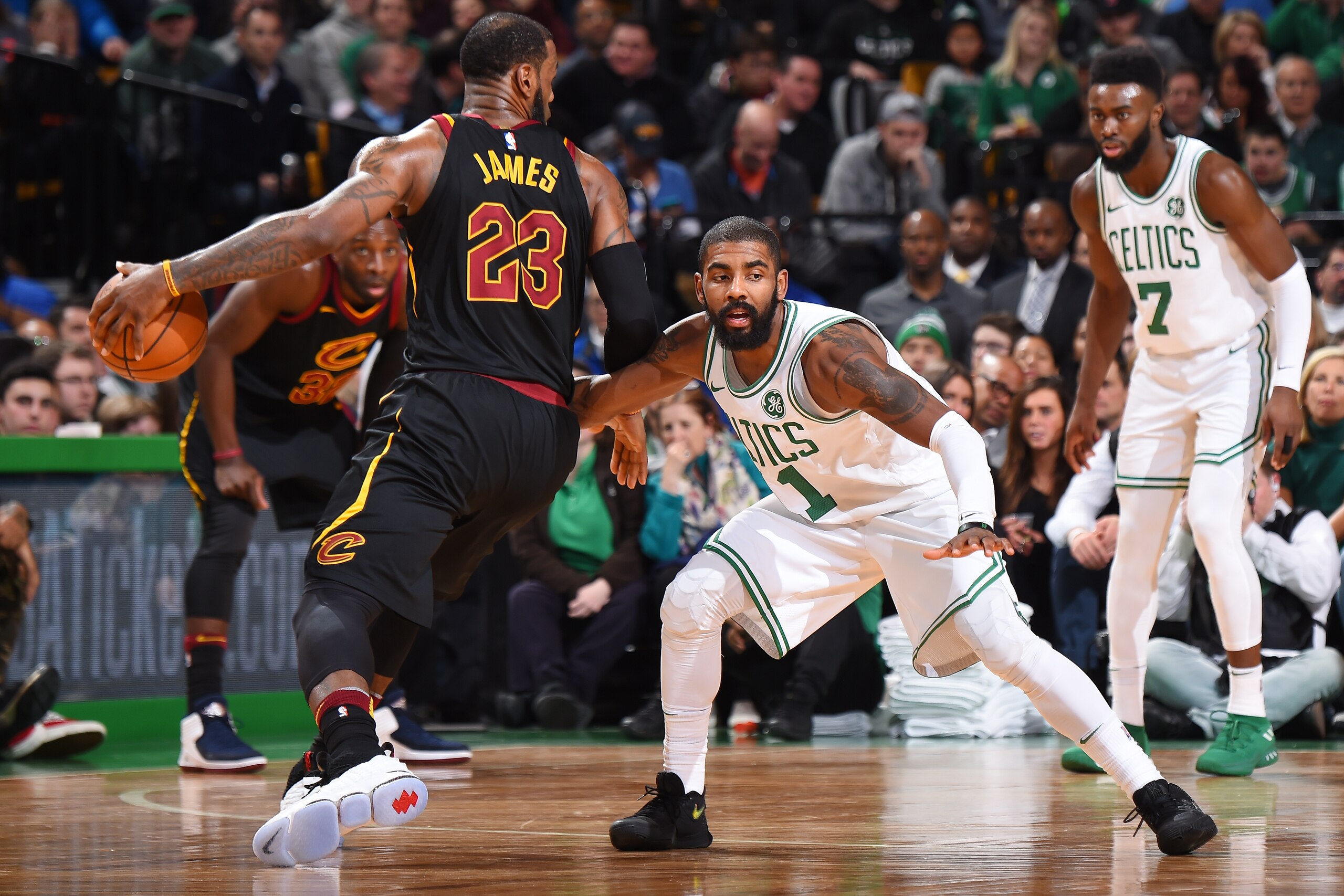 BOSTON, MA - JANUARY 3: Kyrie Irving #11 of the Boston Celtics defends against LeBron James #23 of the Cleveland Cavaliers on January 3, 2018 at the TD Garden in Boston, Massachusetts. NOTE TO USER: User expressly acknowledges and agrees that, by download