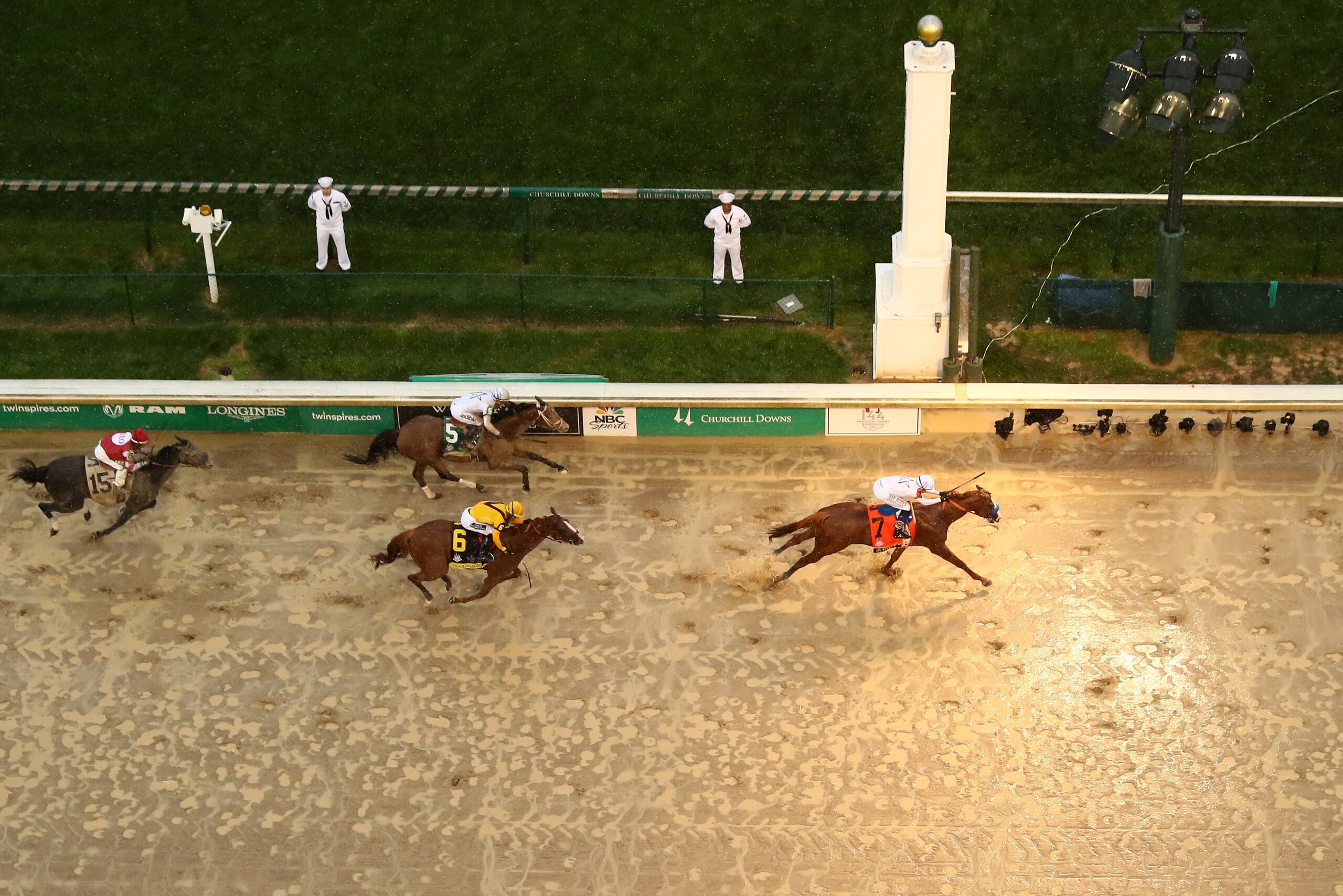 LOUISVILLE, KY - MAY 05:  Justify #7, ridden by jockey Mike Smith crosses the finish line to win the 144th running of the Kentucky Derby at Churchill Downs on May 5, 2018 in Louisville, Kentucky.  (Photo by Jamie Squire/Getty Images)