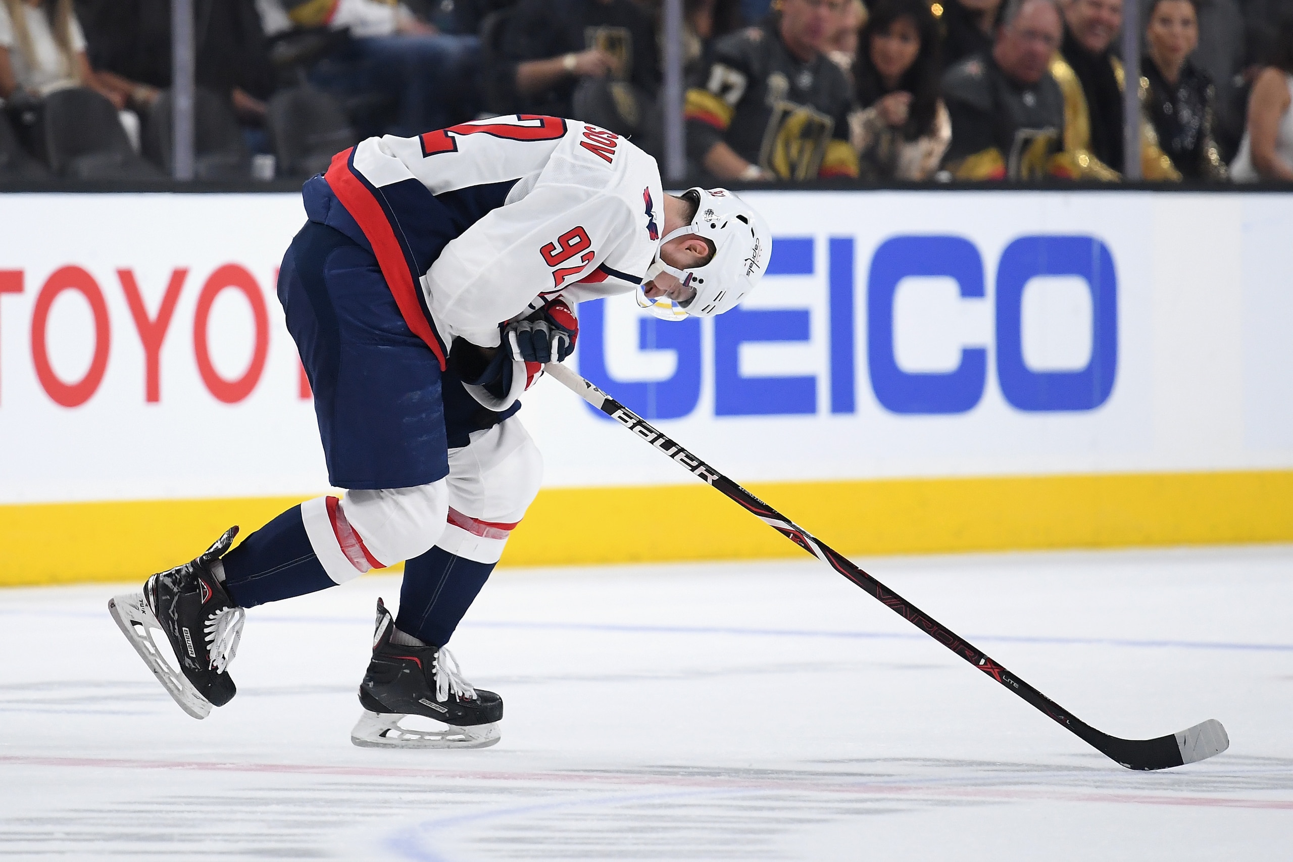 LAS VEGAS, NV - MAY 30:  Evgeny Kuznetsov #92 of the Washington Capitals reacts against the Vegas Golden Knights in Game Two of the 2018 NHL Stanley Cup Final at T-Mobile Arena on May 30, 2018 in Las Vegas, Nevada.  (Photo by Harry How/Getty Images)
