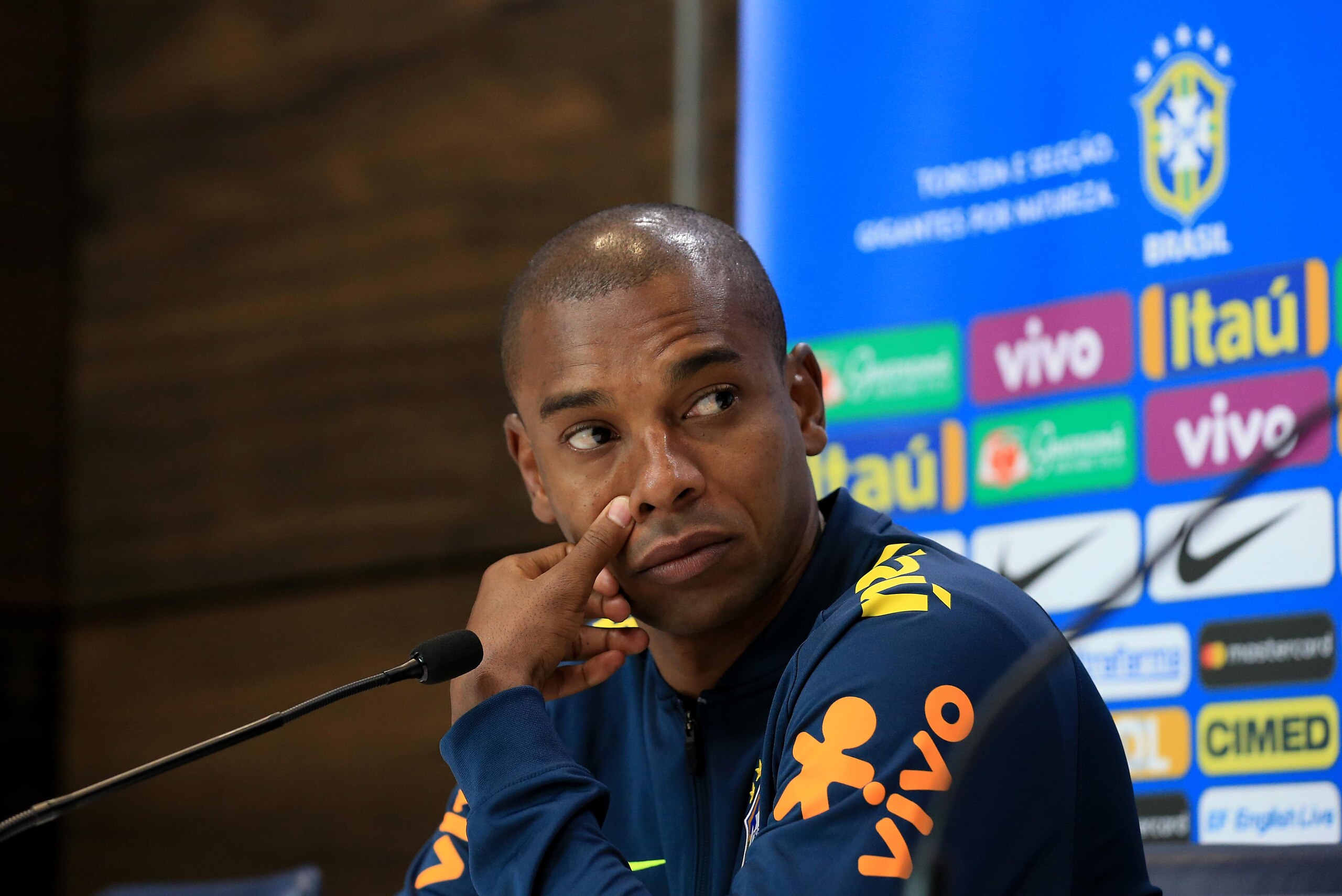 ENFIELD, ENGLAND - MAY 31: Fernandinho of Brazil during a Brazil press conference at Tottenham Hotspur Training Centre on May 31, 2018 in Enfield, England. (Photo by Stephen Pond/Getty Images)