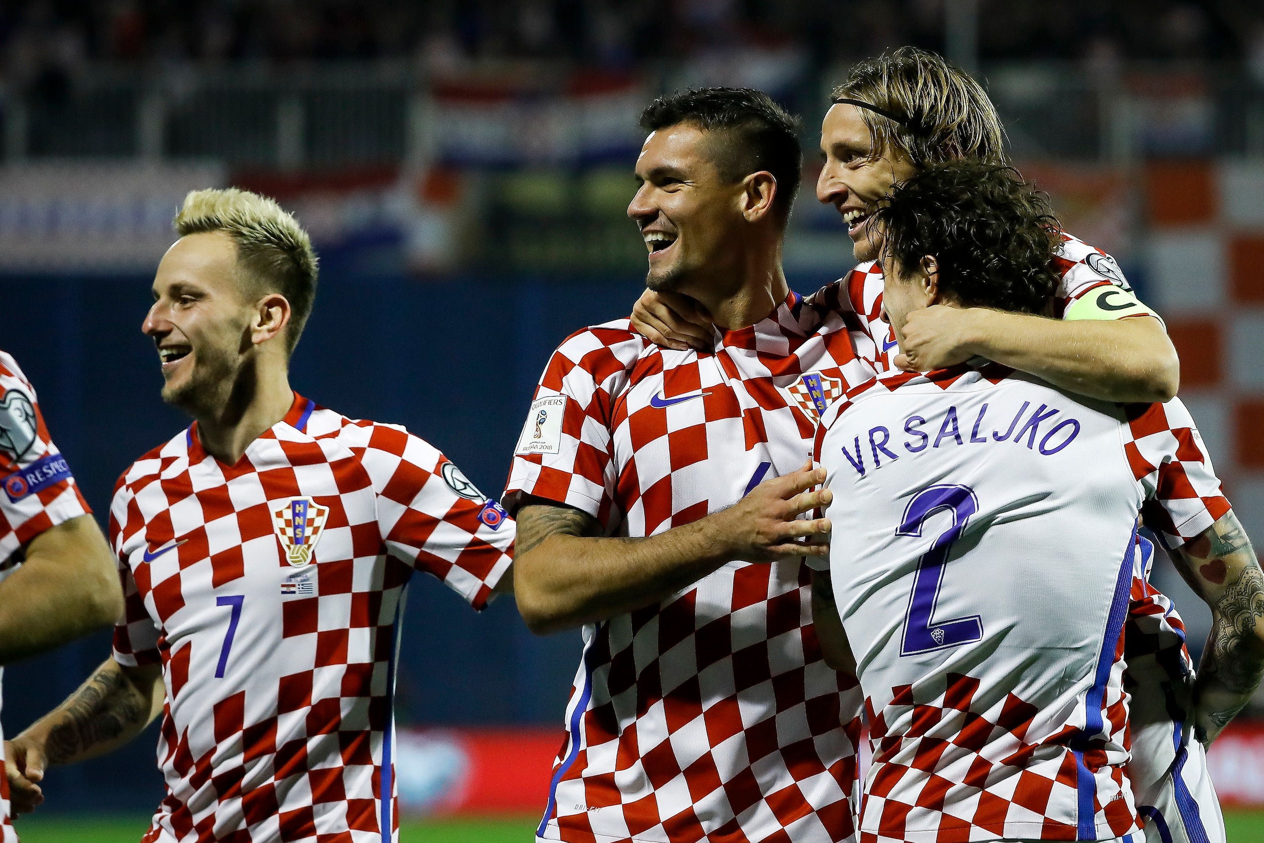 ZAGREB, CROATIA - NOVEMBER 09: (L-R) Ivan Rakitic Dejan Lovren Luka Modric and Sime Vrsaljko of Croatia celebrate during the FIFA 2018 World Cup Qualifier Play-Off: First Leg between Croatia and Greece at Stadion Maksimir on November 9, 2017 in Zagreb, Cr