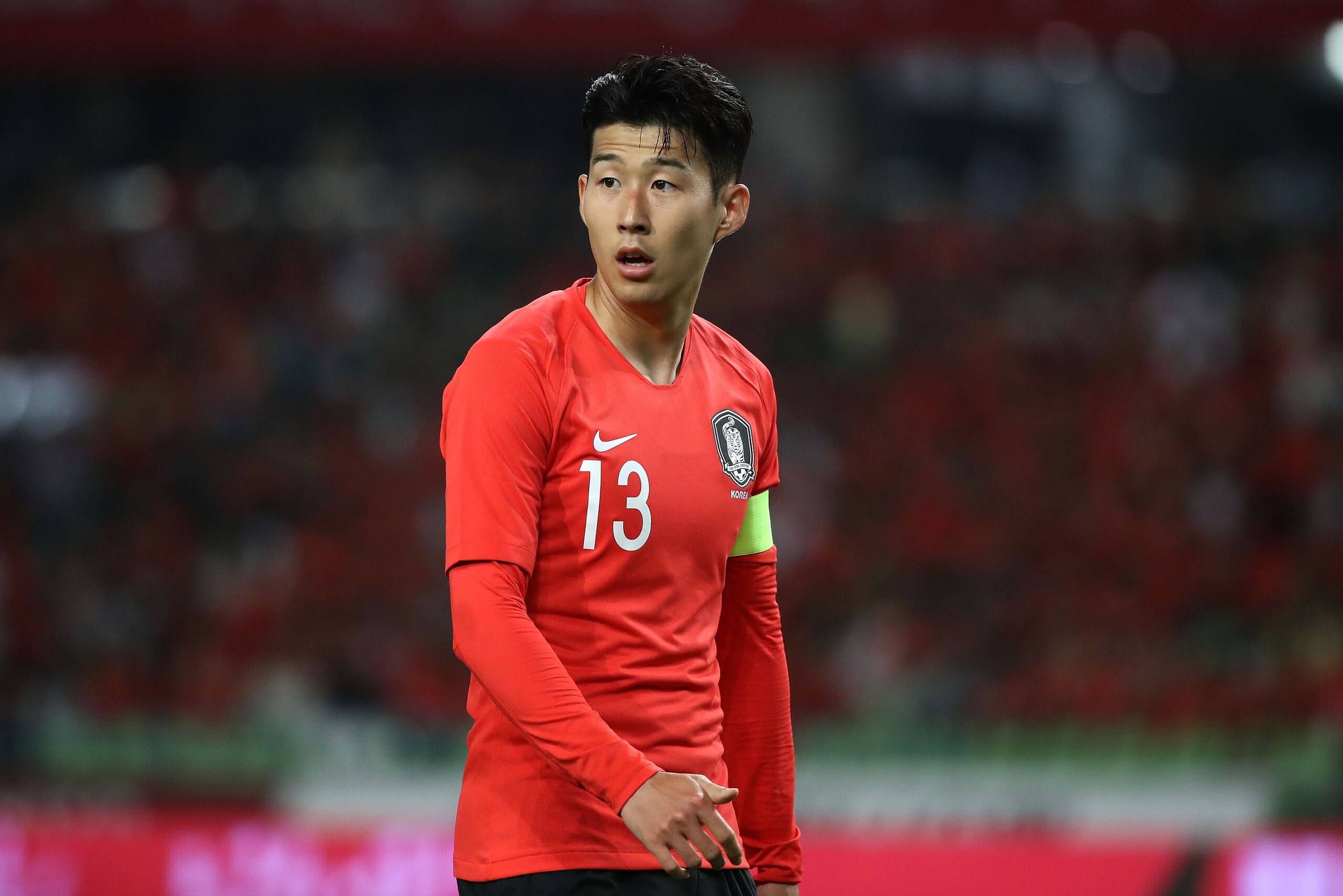 DAEGU, South Korea - MAY 28:  Son Heung-Min of South Korea in action during the international friendly match between South Korea and Honduras at Daegu World Cup Stadium on May 28, 2018 in Daegu, South Korea.  (Photo by Chung Sung-Jun/Getty Images)